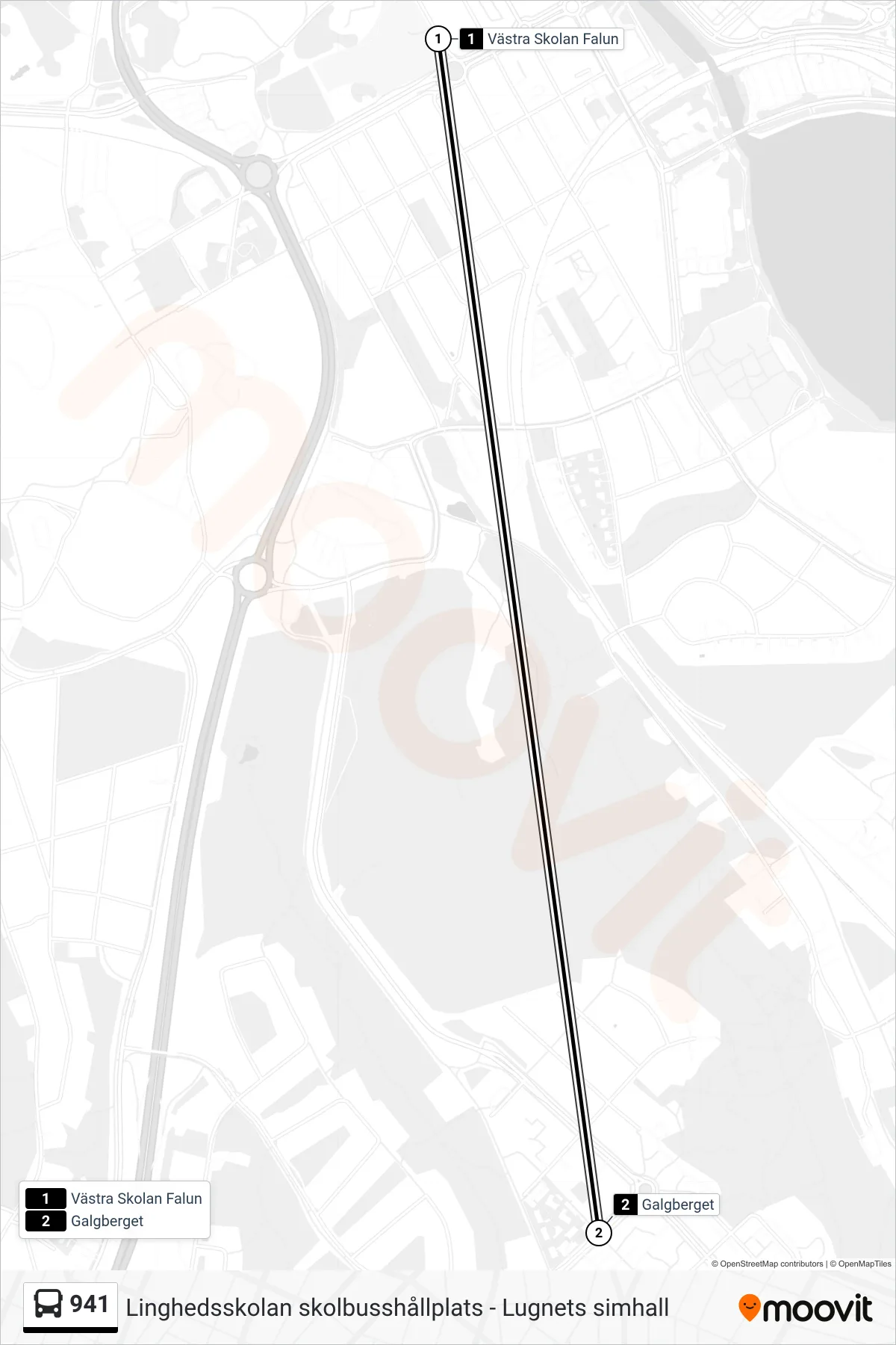 Rutt och hållplatser på karta för linje 941 spårvagn, (Galgberget)