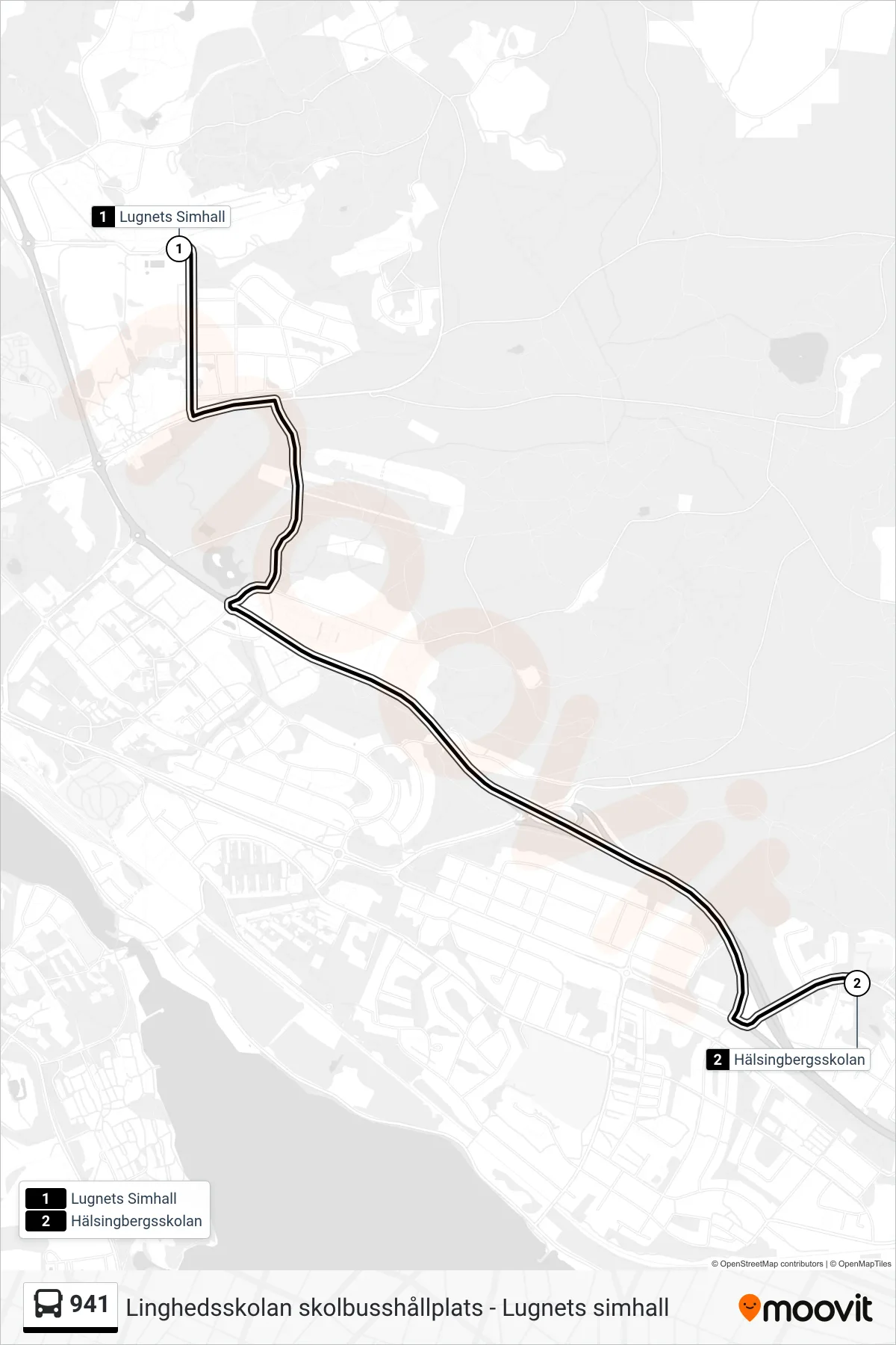 Rutt och hållplatser på karta för linje 941 spårvagn, (Hälsingbergsskolan)