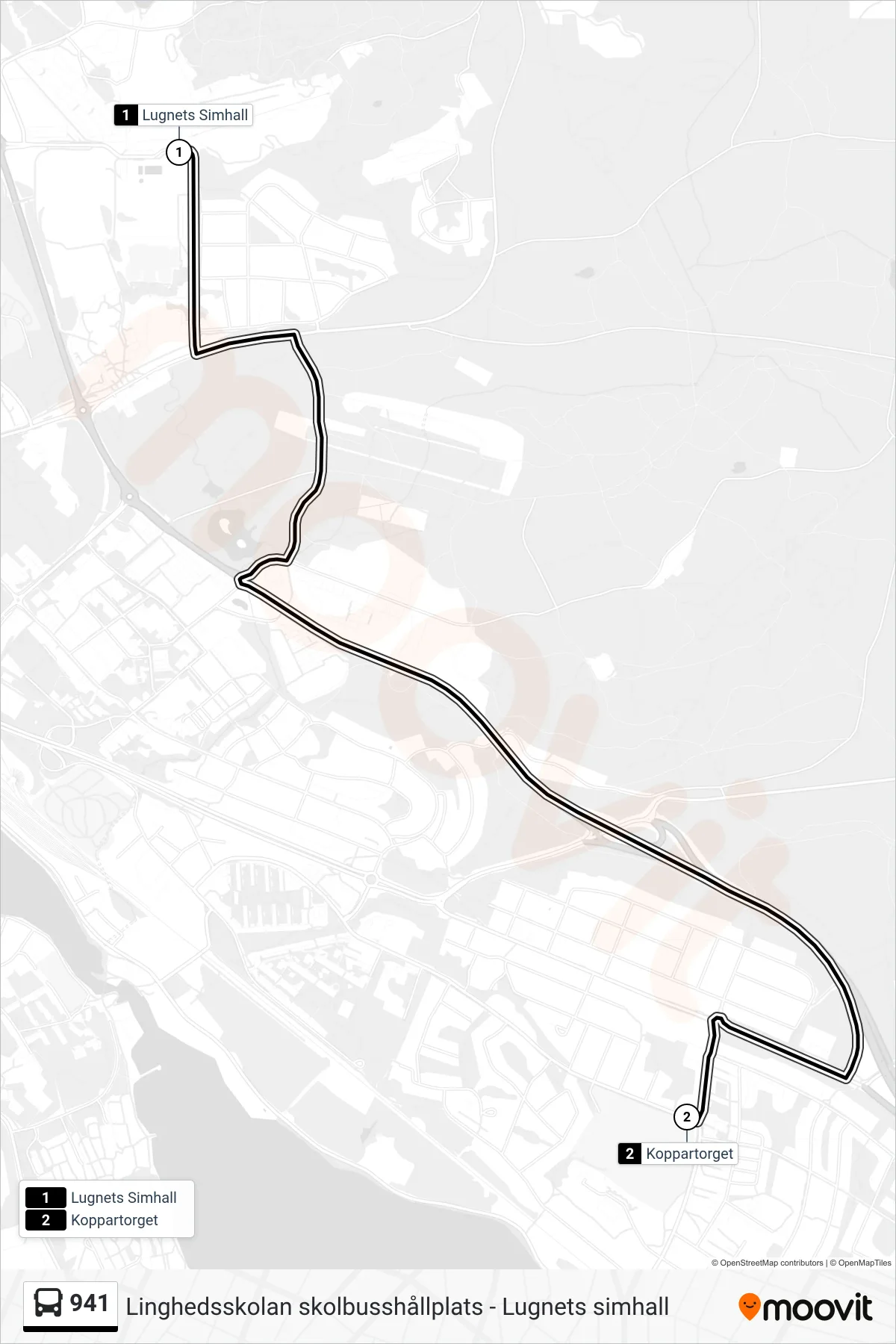 Rutt och hållplatser på karta för linje 941  spårvagn, (Koppartorget)