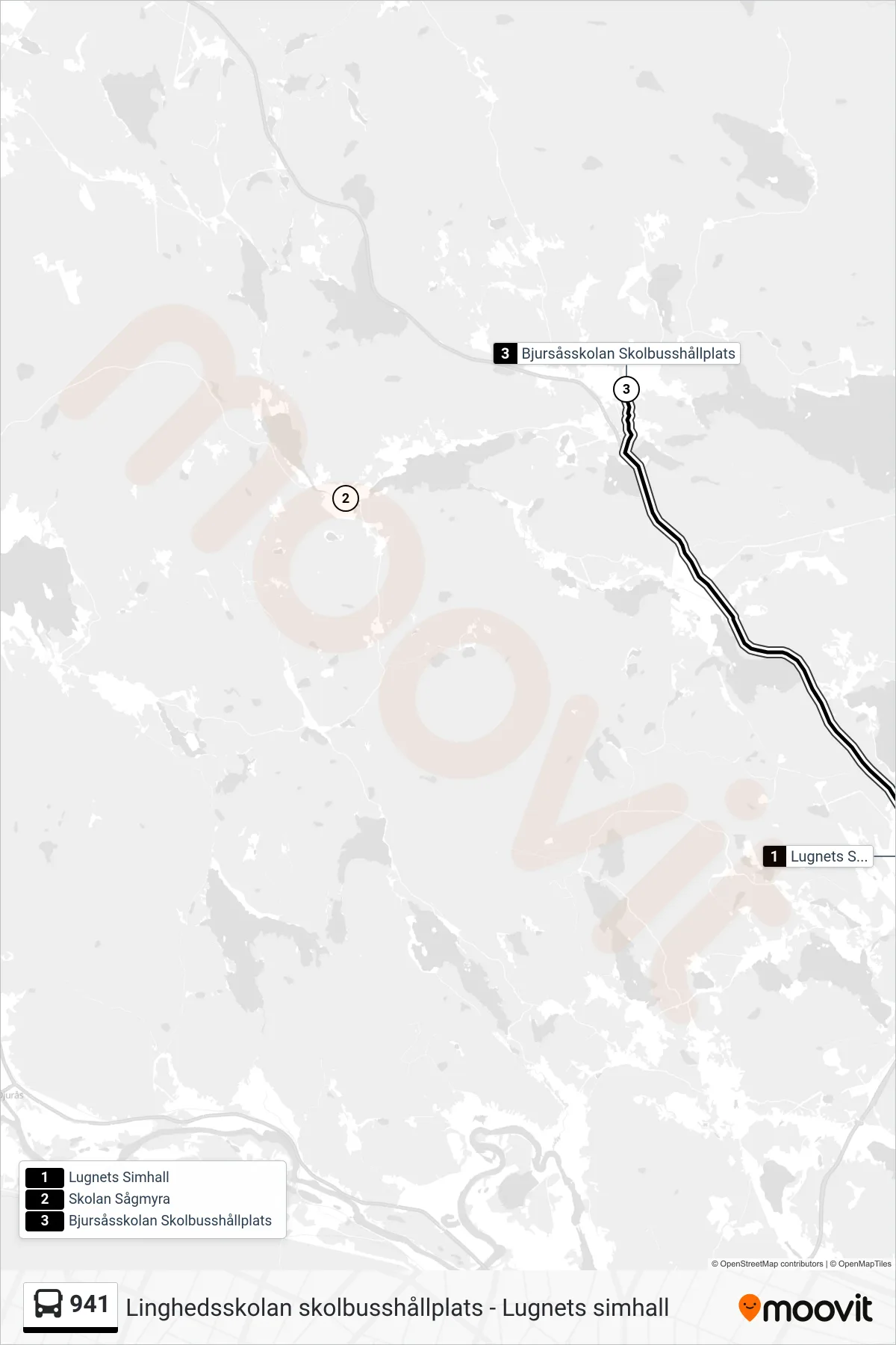 Rutt och hållplatser på karta för linje 941 spårvagn, (Bjursåsskolan Skolbusshållplats)