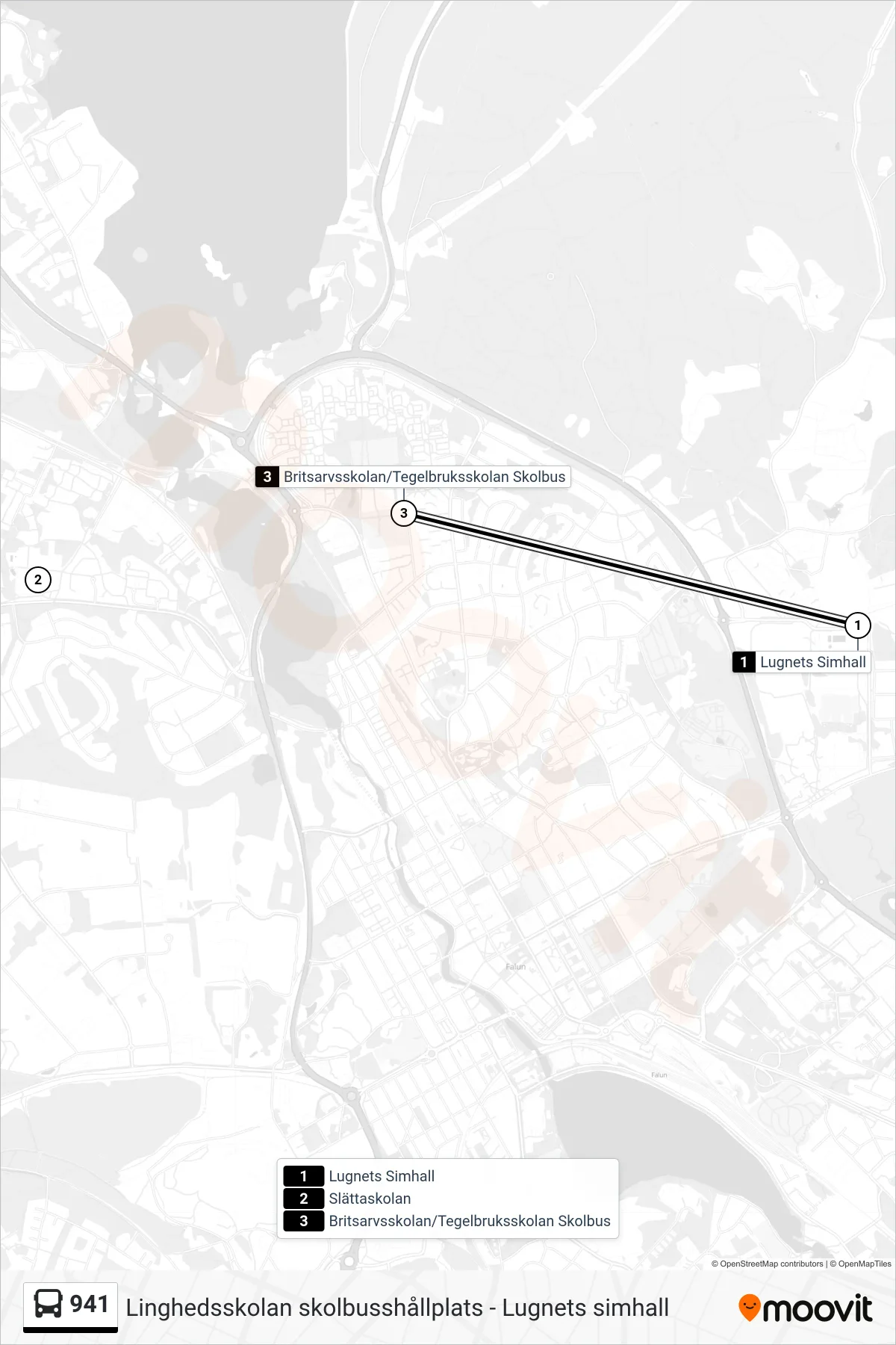 Rutt och hållplatser på karta för linje 941 spårvagn, (Britsarvsskolan/Tegelbruksskolan Skolbus)