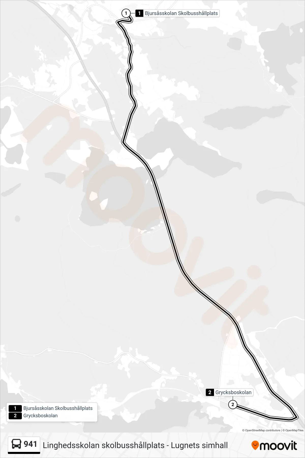 Rutt och hållplatser på karta för linje 941  spårvagn, (Grycksboskolan)