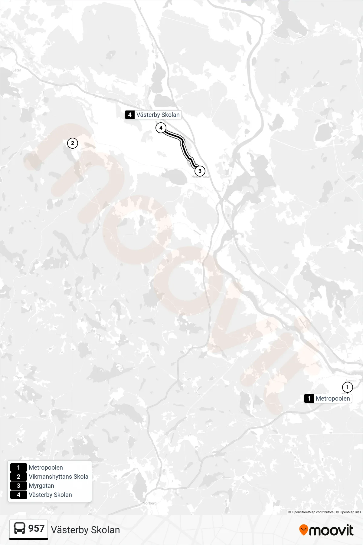 Rutt och hållplatser på karta för linje 957 spårvagn, (Västerby Skolan)