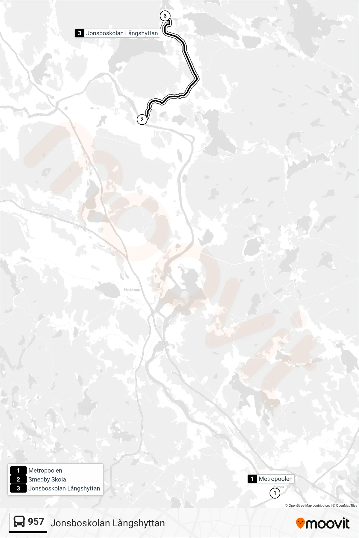 Rutt och hållplatser på karta för linje 957  spårvagn, (Jonsboskolan Långshyttan)
