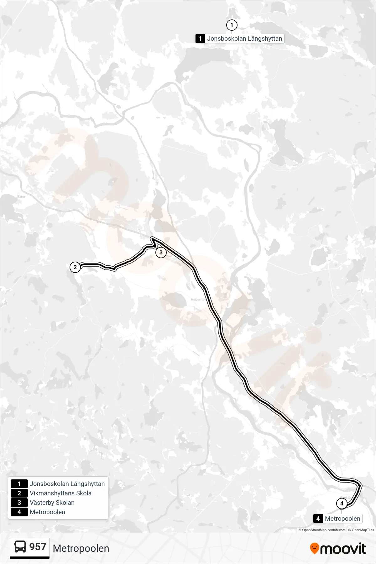 Rutt och hållplatser på karta för linje 957  spårvagn, (Metropoolen)