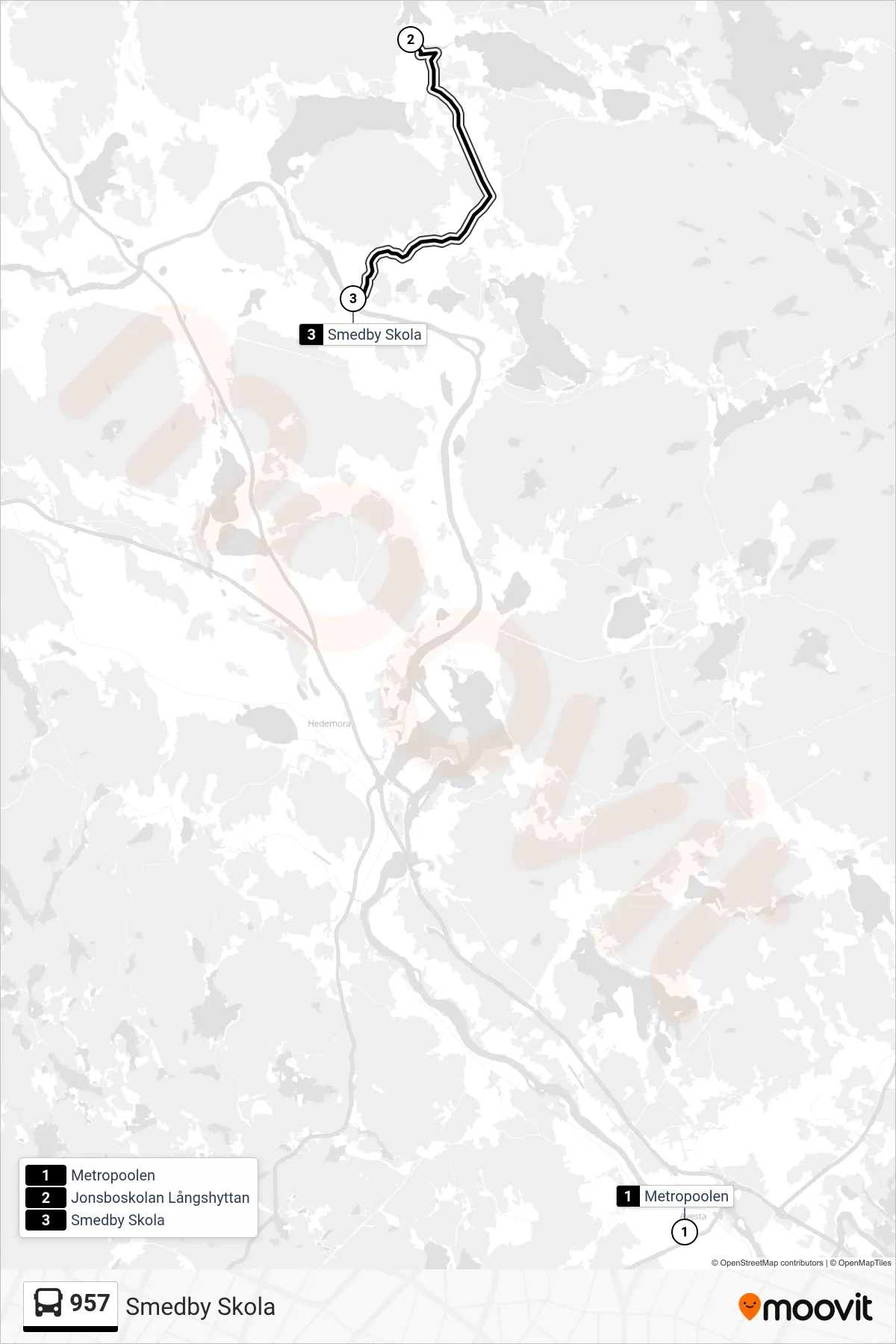 Rutt och hållplatser på karta för linje 957  spårvagn, (Smedby Skola)