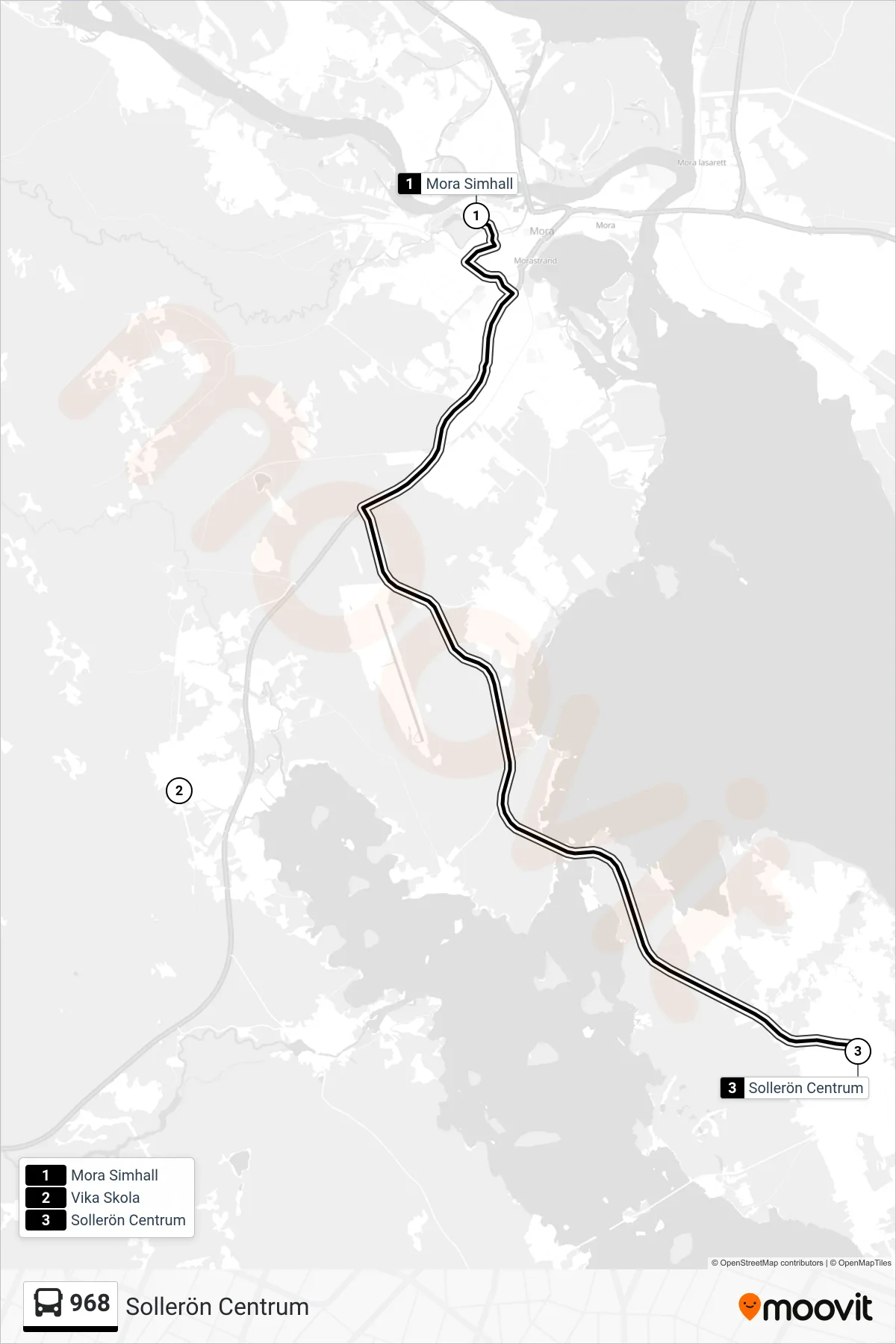 Rutt och hållplatser på karta för linje 968  spårvagn, (Sollerön Centrum)