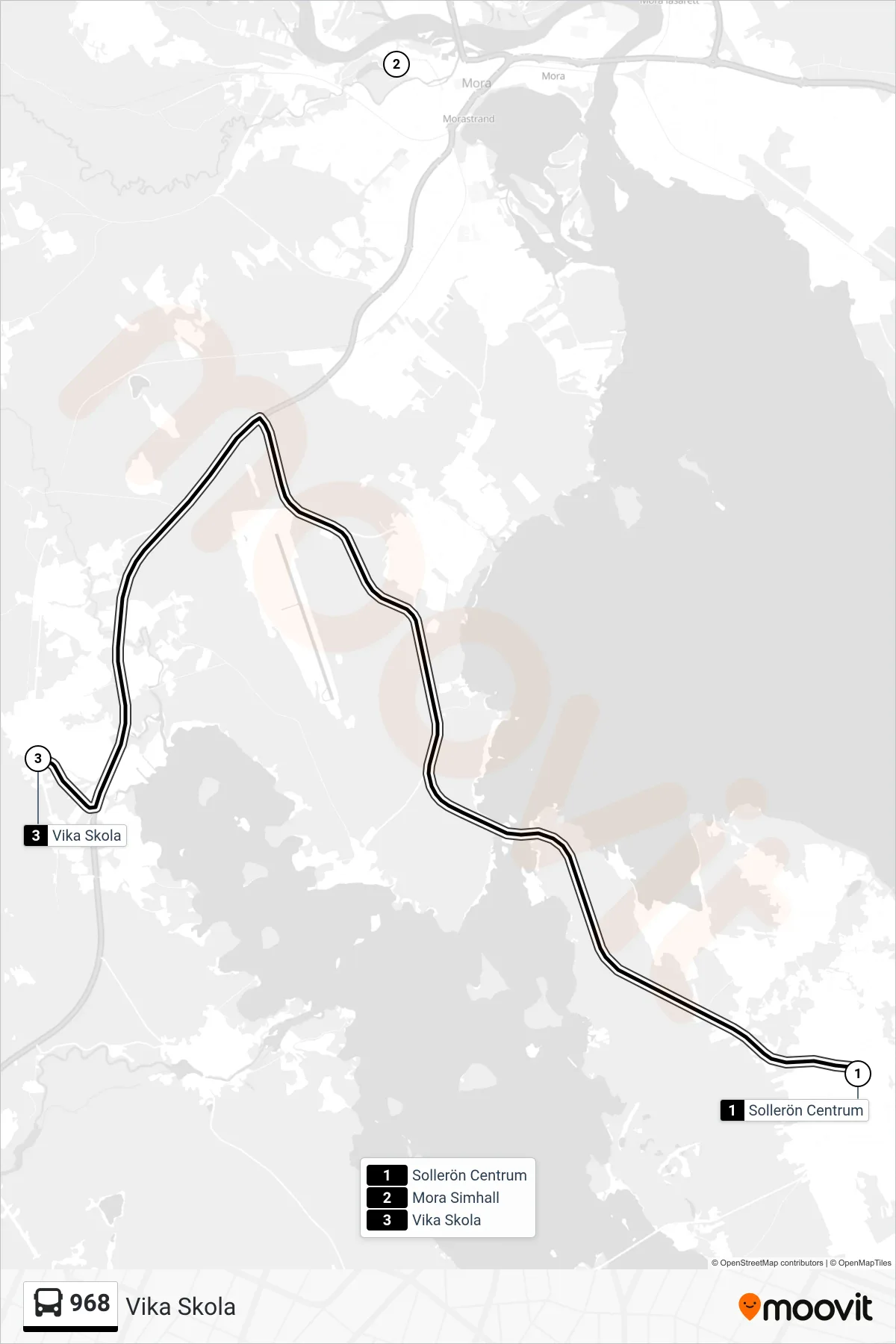 Rutt och hållplatser på karta för linje 968  spårvagn, (Vika Skola)