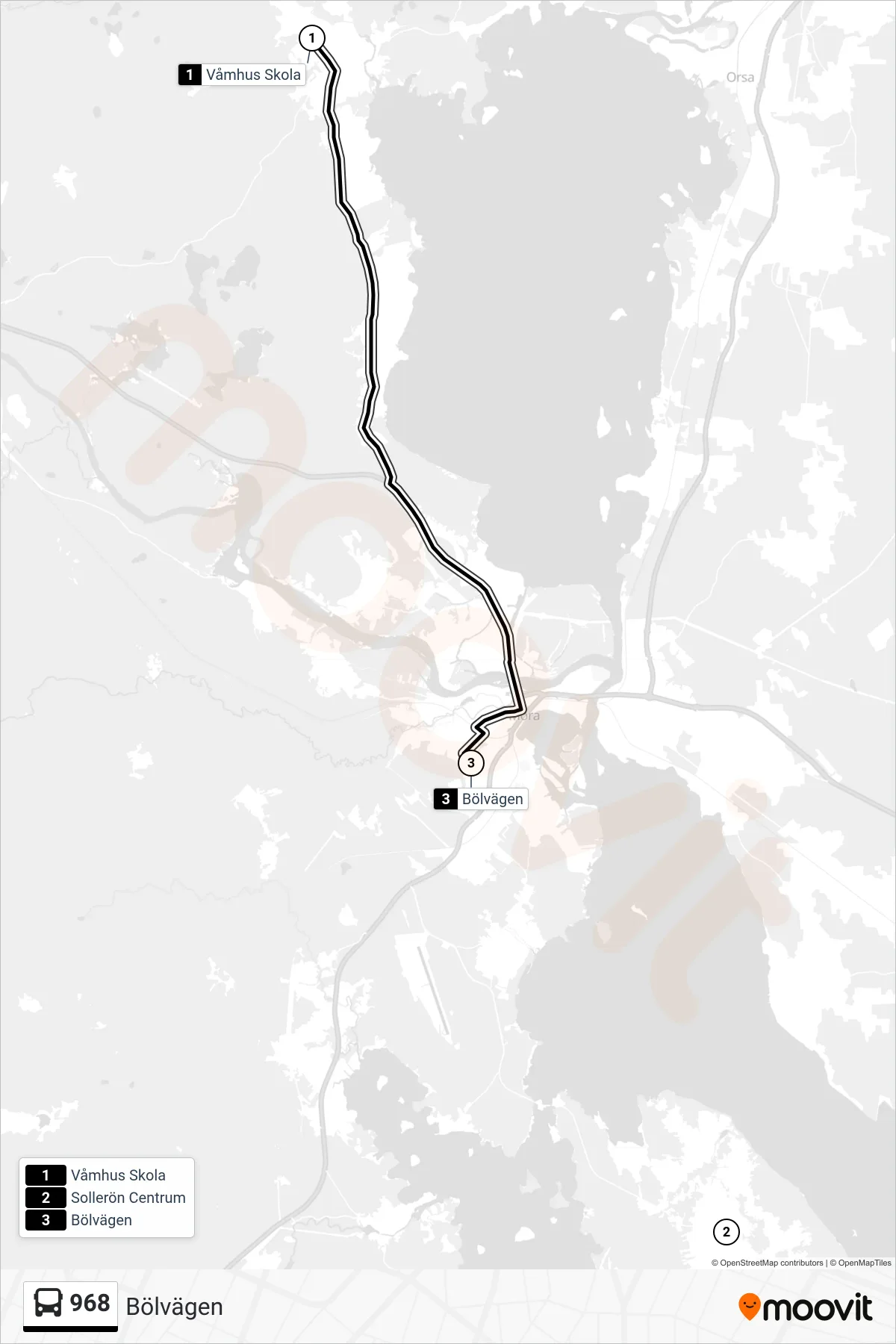 Rutt och hållplatser på karta för linje 968  spårvagn, (Bölvägen)