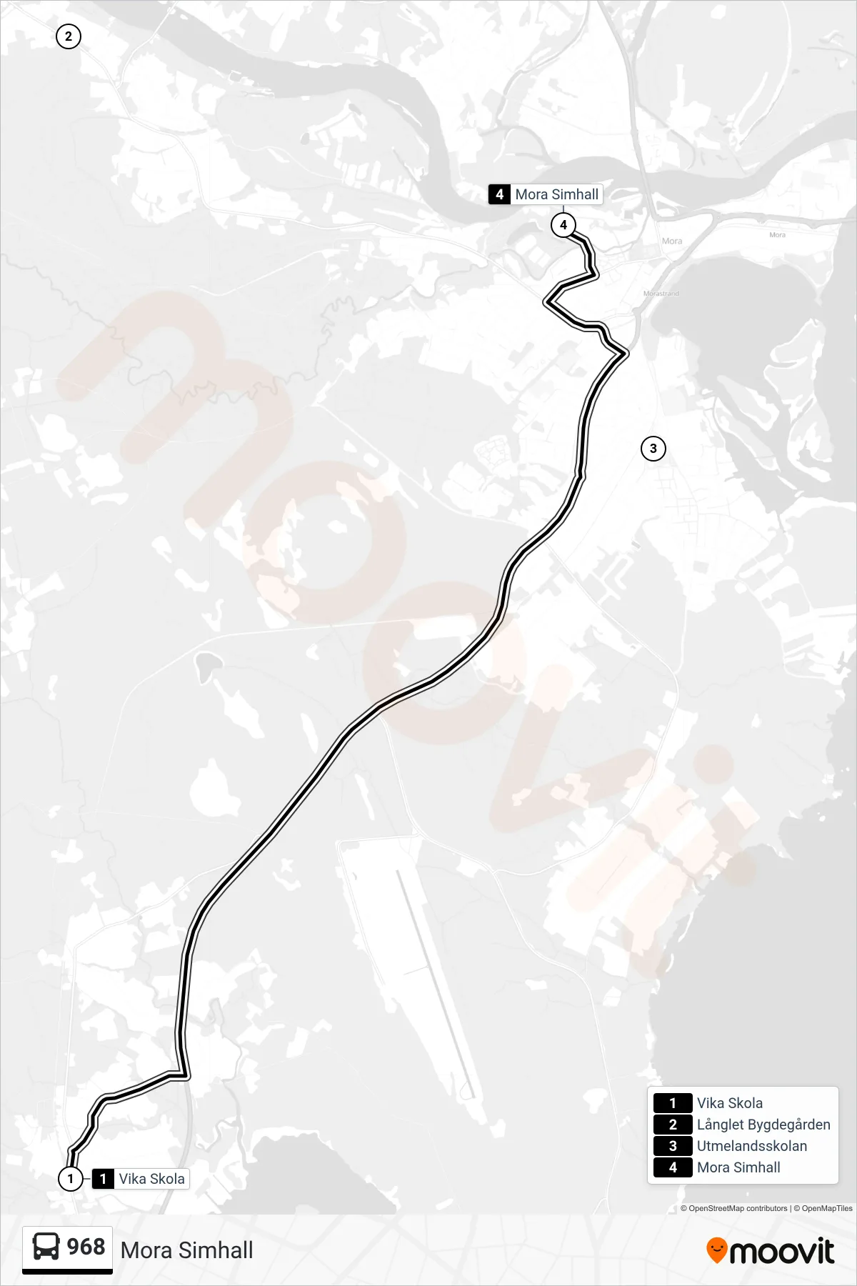 Rutt och hållplatser på karta för linje 968 spårvagn, (Mora Simhall)