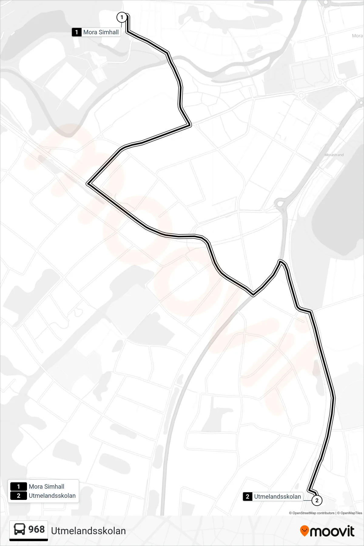 Rutt och hållplatser på karta för linje 968 spårvagn, (Utmelandsskolan)