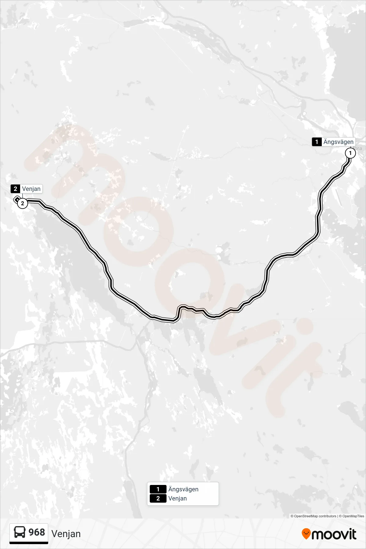 Rutt och hållplatser på karta för linje 968 spårvagn, (Venjan)