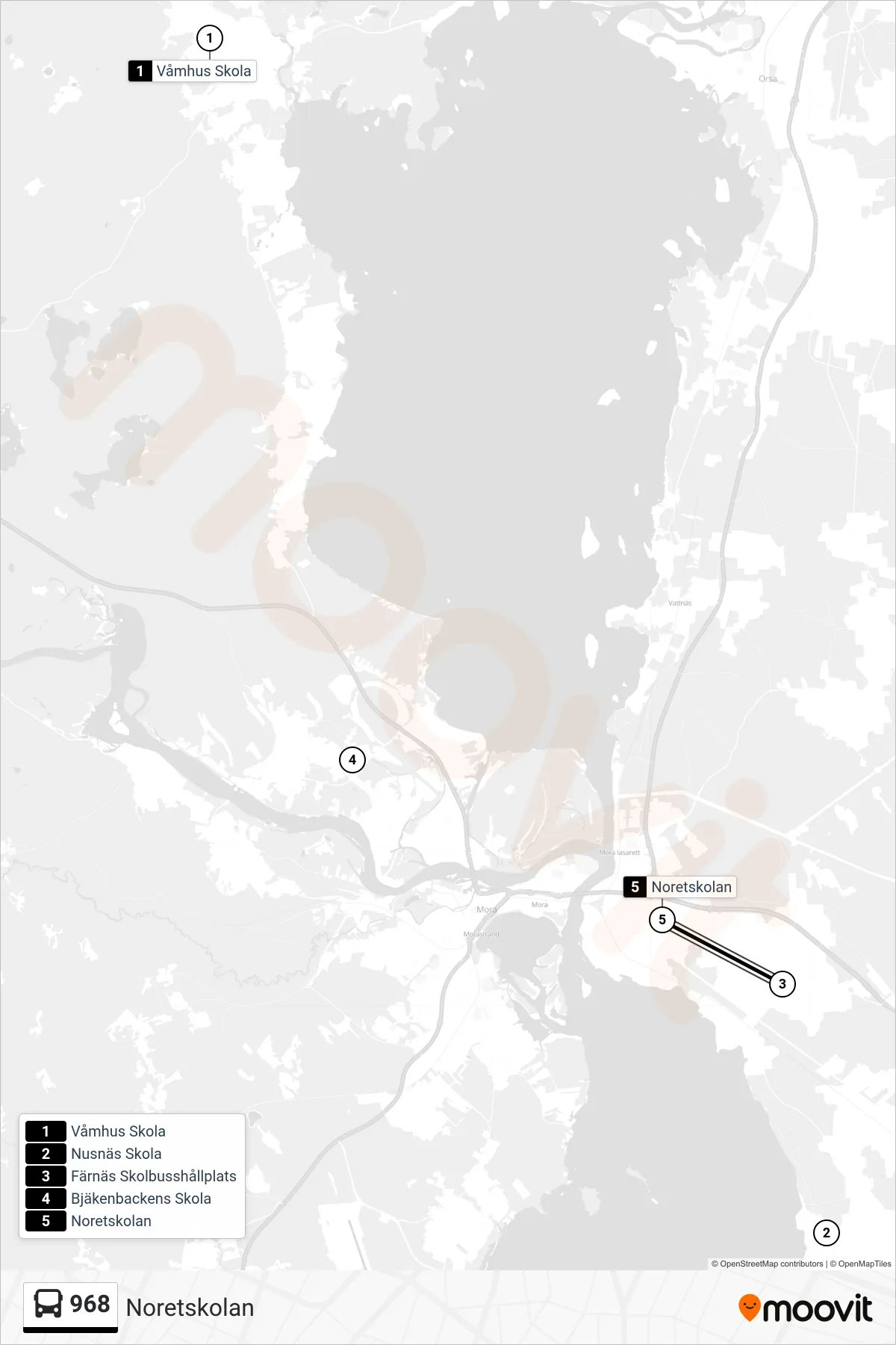 Rutt och hållplatser på karta för linje 968 spårvagn, (Noretskolan)