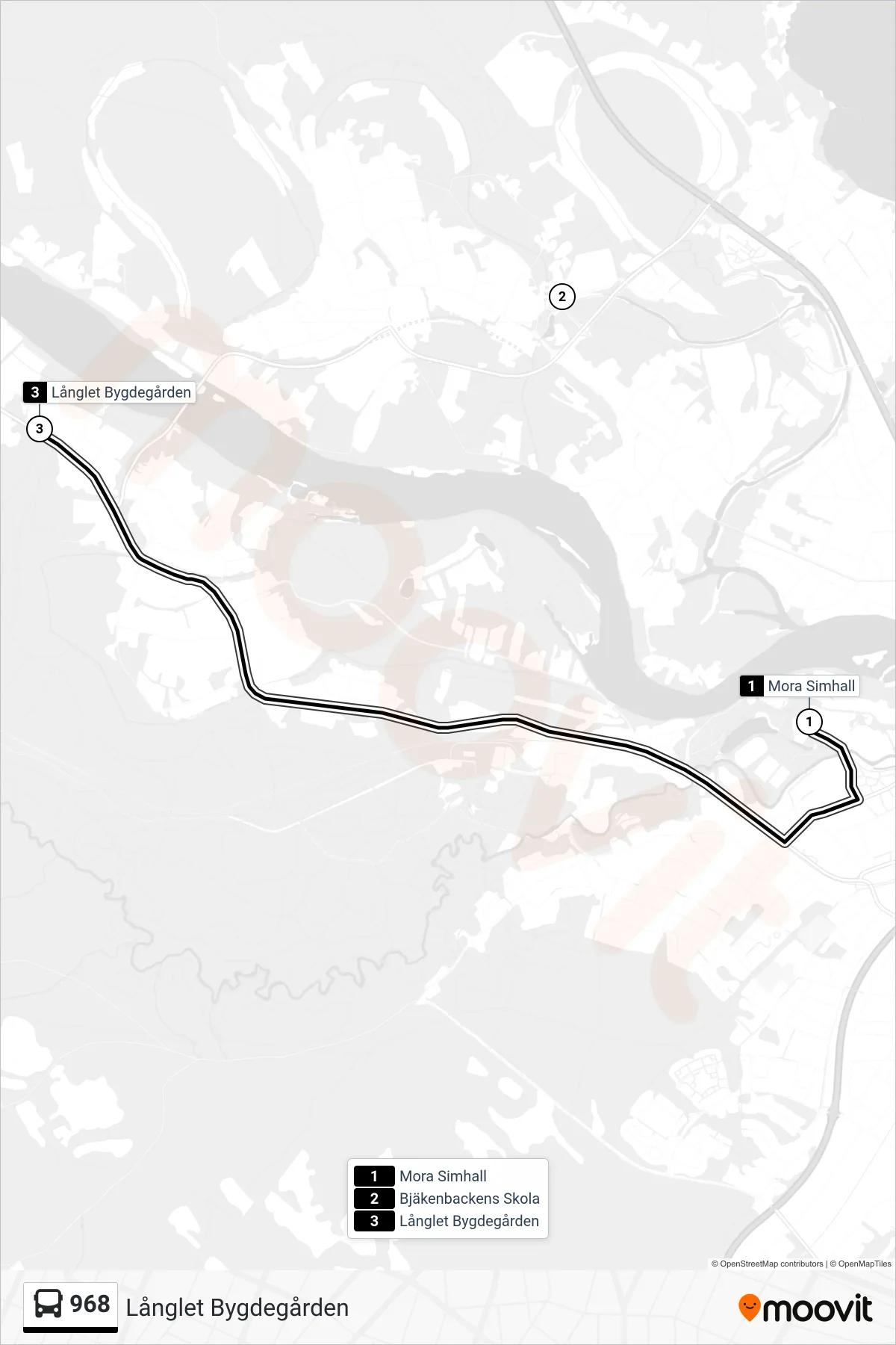 Rutt och hållplatser på karta för linje 968 spårvagn, (Långlet Bygdegården)