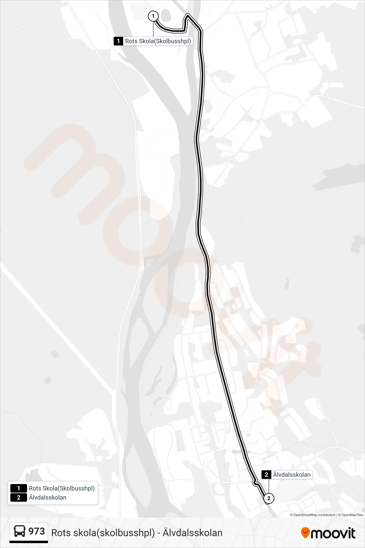 Rutt och hållplatser på karta för linje 973 spårvagn, (Älvdalsskolan)