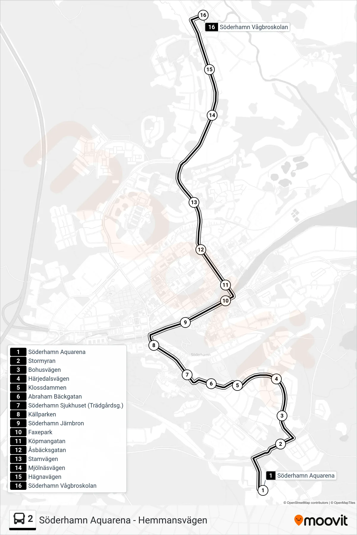 Rutt och hållplatser på karta för linje 2  buss, (Söderhamn Vågbroskolan)