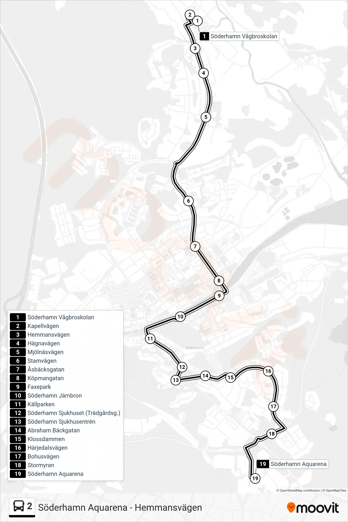 Rutt och hållplatser på karta för linje 2 buss, (Söderhamn Aquarena)