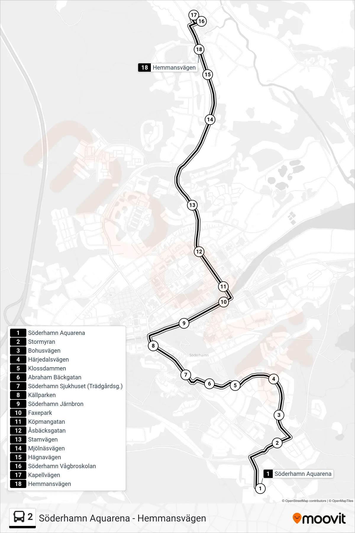 Rutt och hållplatser på karta för linje 2 buss, (Hemmansvägen)