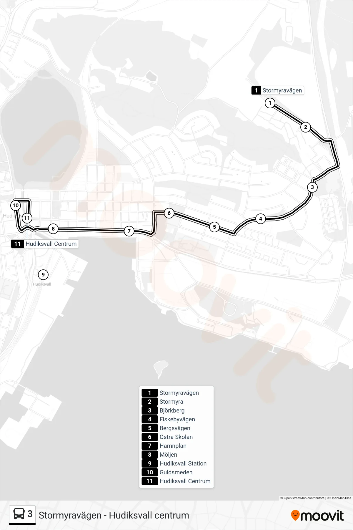 Rutt och hållplatser på karta för linje 3 buss, (Hudiksvall Centrum)