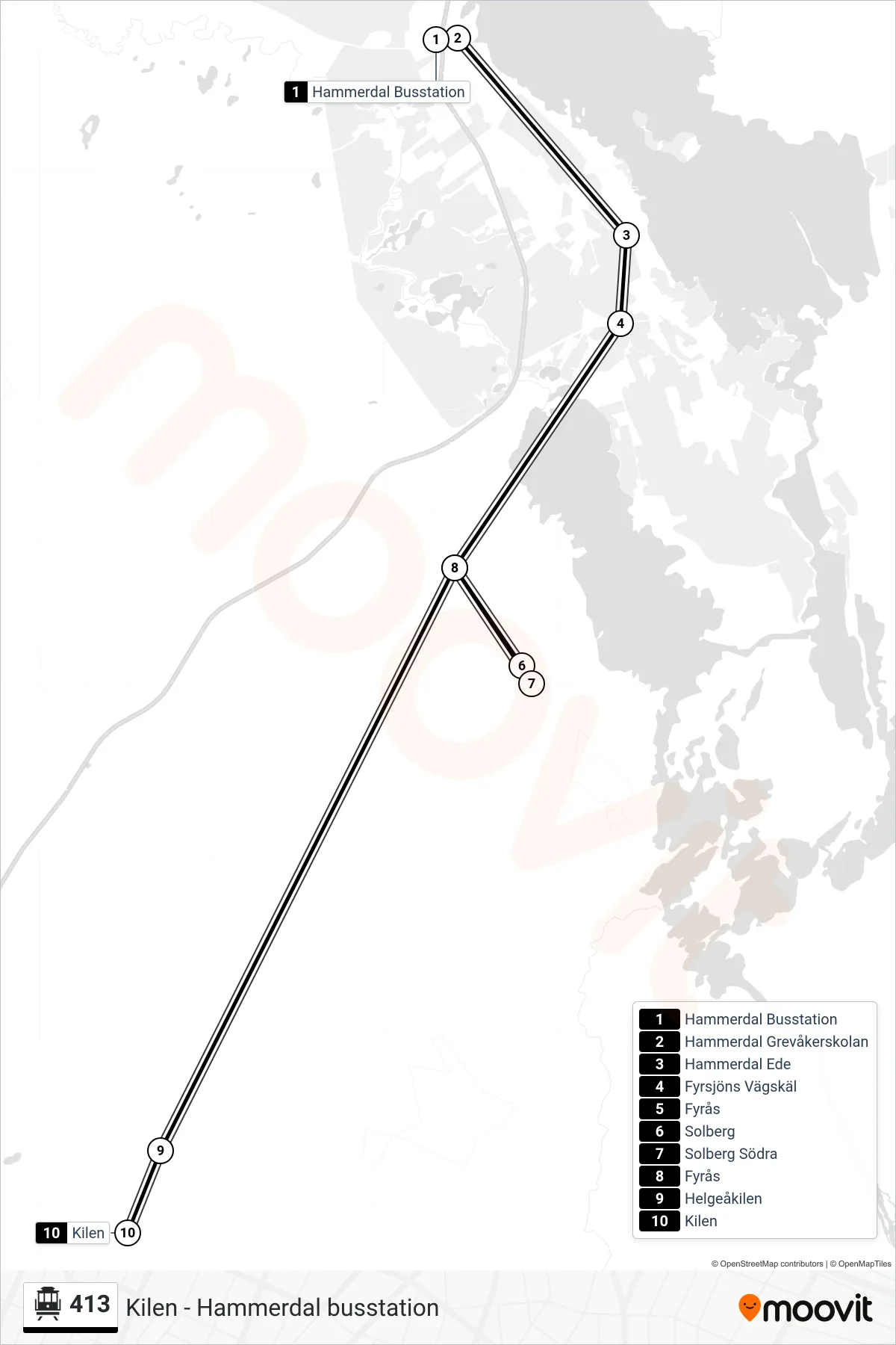 Rutt och hållplatser på karta för linje 413 spårvagn, (Kilen)