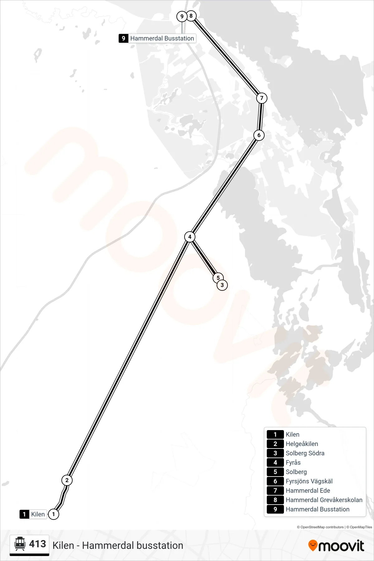 Rutt och hållplatser på karta för linje 413  spårvagn, (Hammerdal Busstation)