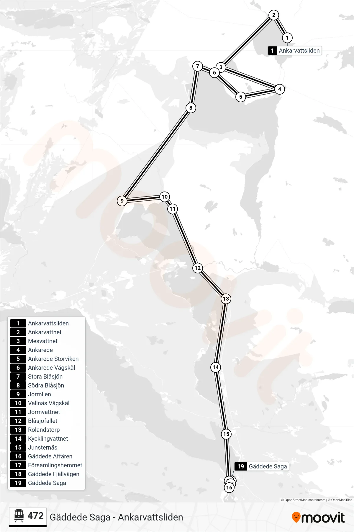 Rutt och hållplatser på karta för linje 472  spårvagn, (Gäddede Saga)