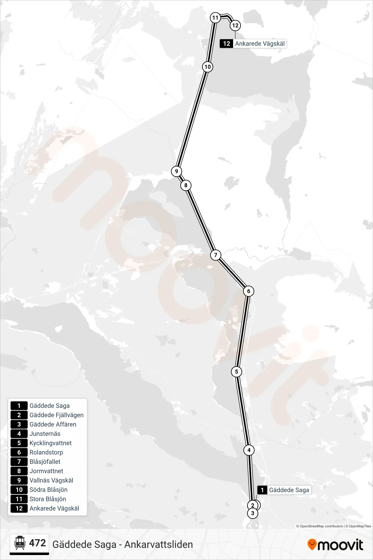 Rutt och hållplatser på karta för linje 472 spårvagn, (Ankarede Vägskäl)