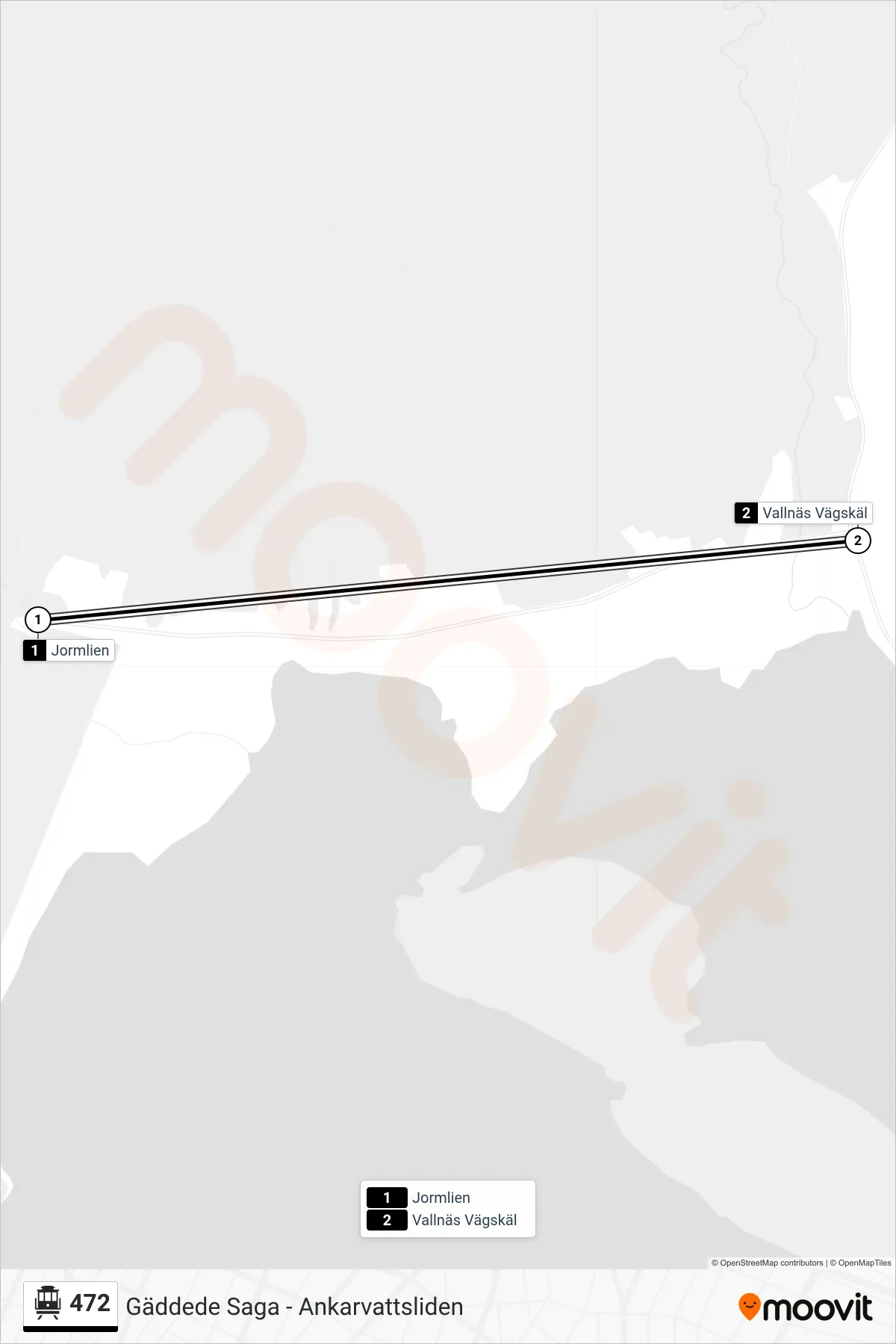 Rutt och hållplatser på karta för linje 472 spårvagn, (Vallnäs Vägskäl)