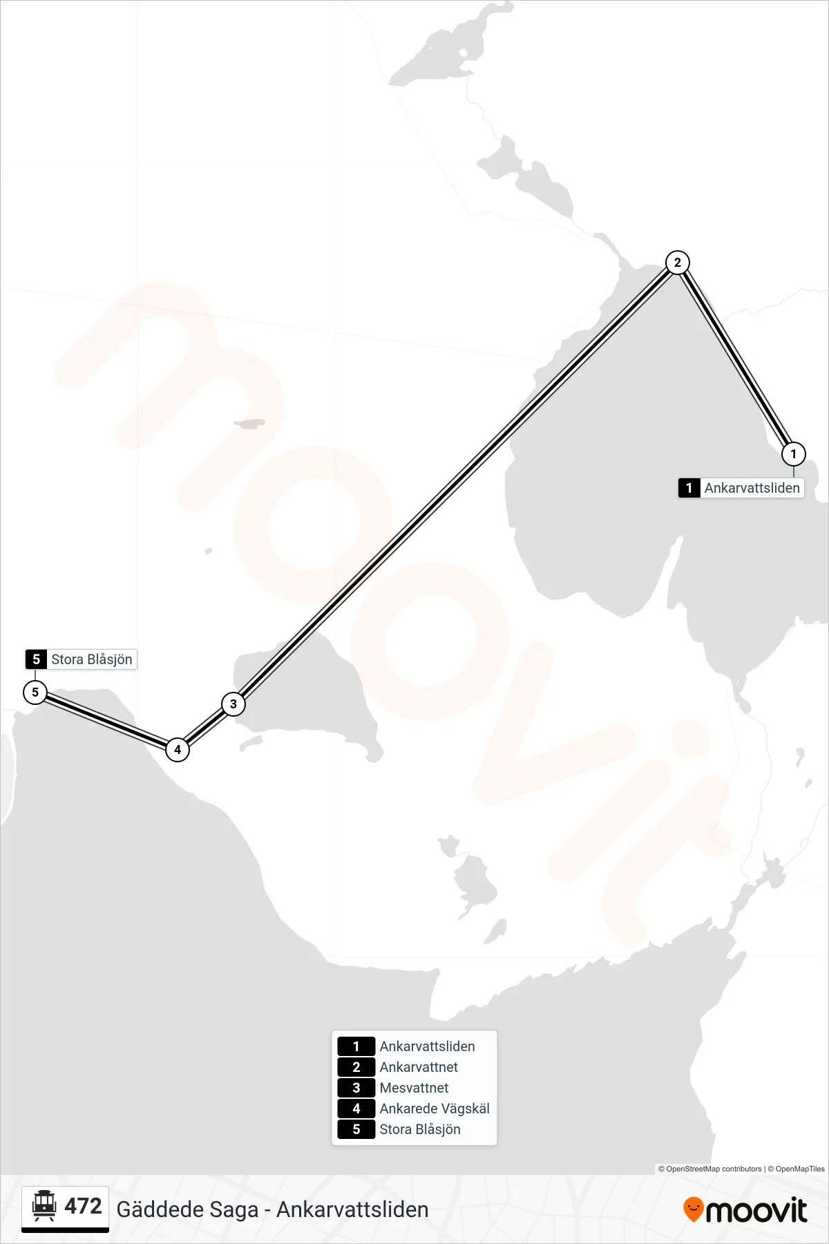 Rutt och hållplatser på karta för linje 472 spårvagn, (Stora Blåsjön)