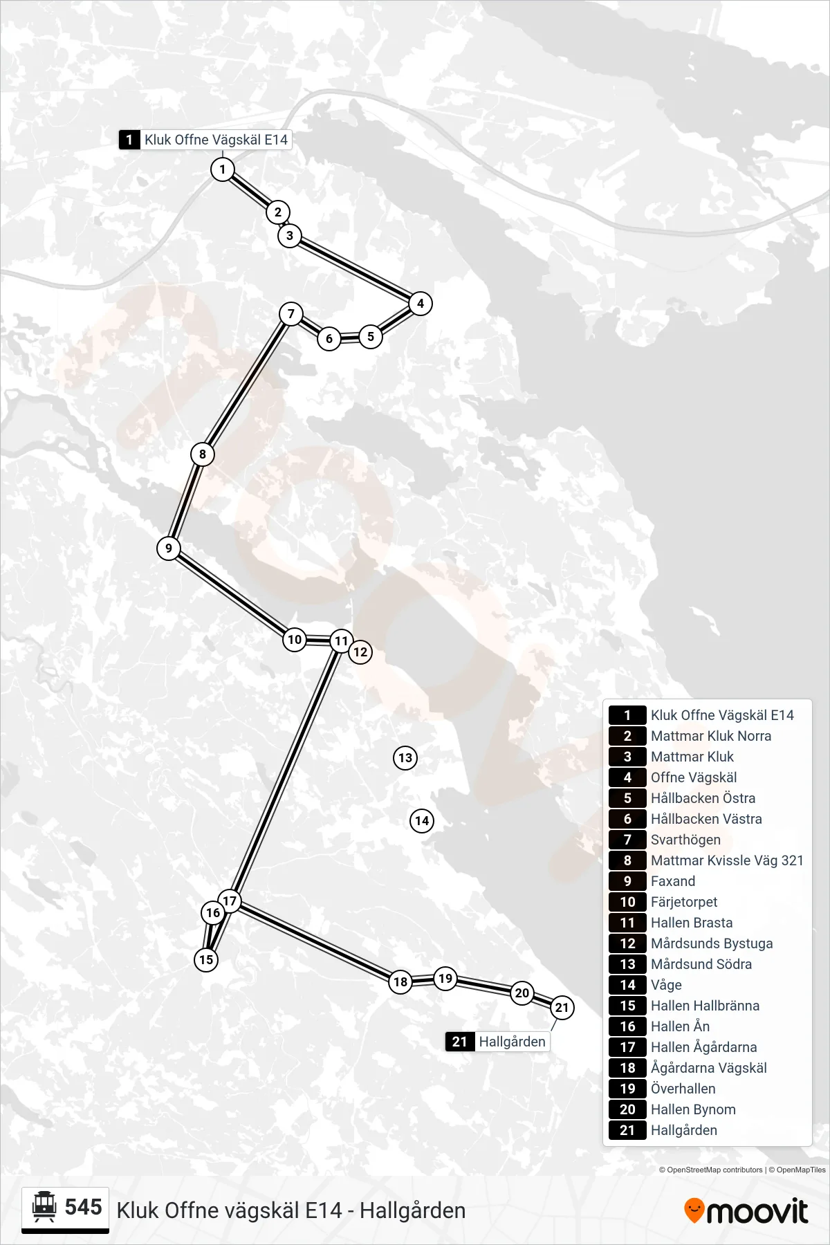 Rutt och hållplatser på karta för linje 545 spårvagn, (Hallgården)