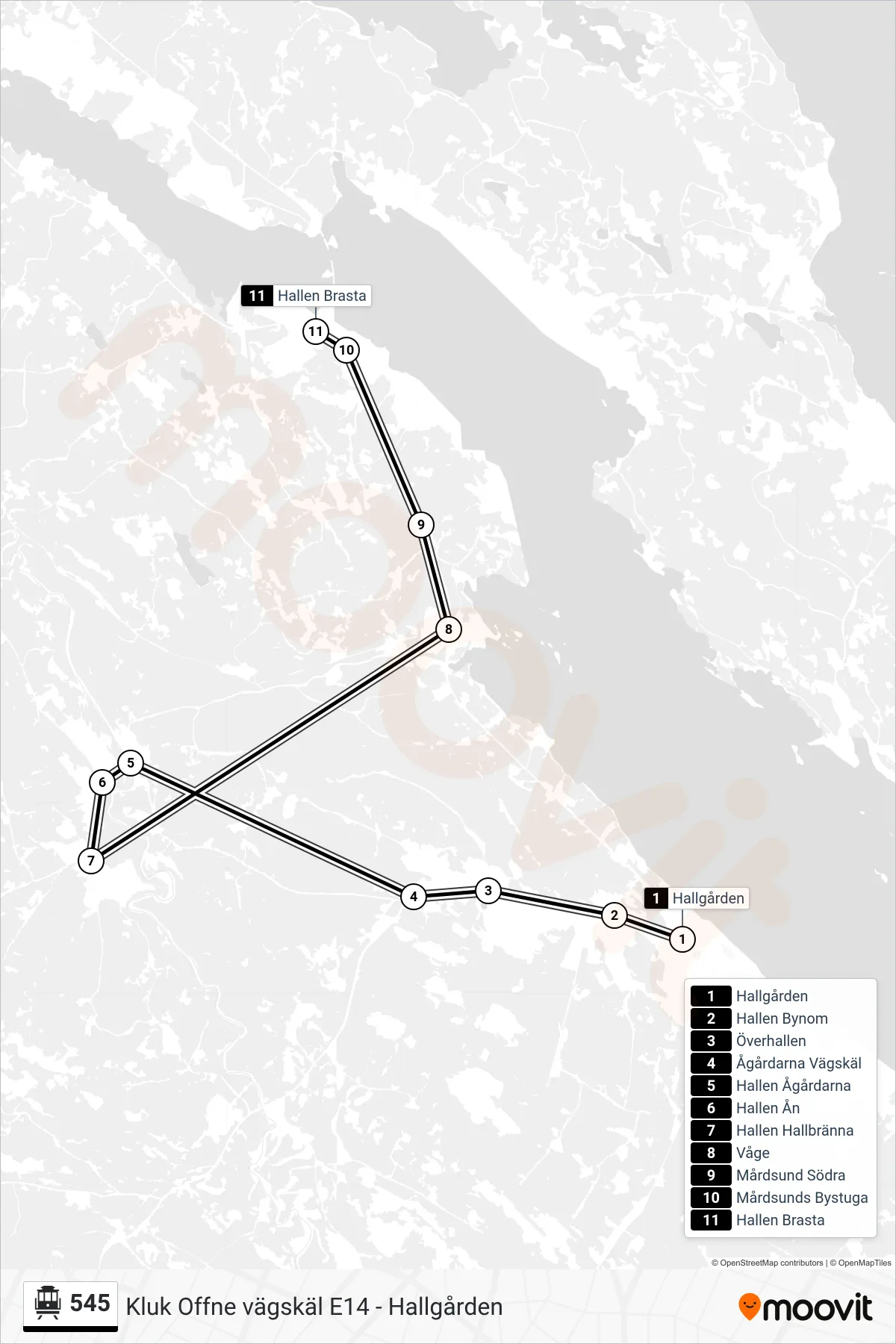Rutt och hållplatser på karta för linje 545  spårvagn, (Hallen Brasta)