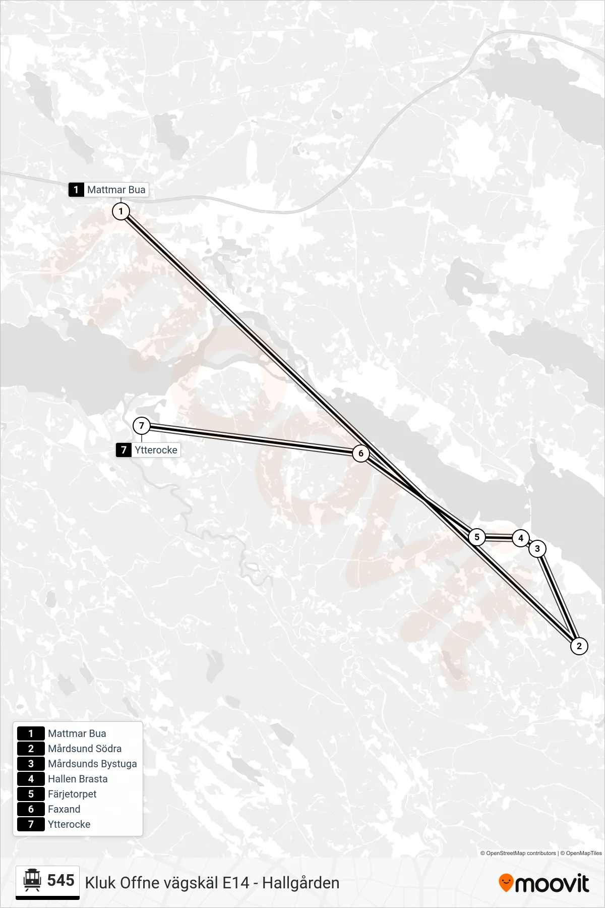 Rutt och hållplatser på karta för linje 545  spårvagn, (Ytterocke)
