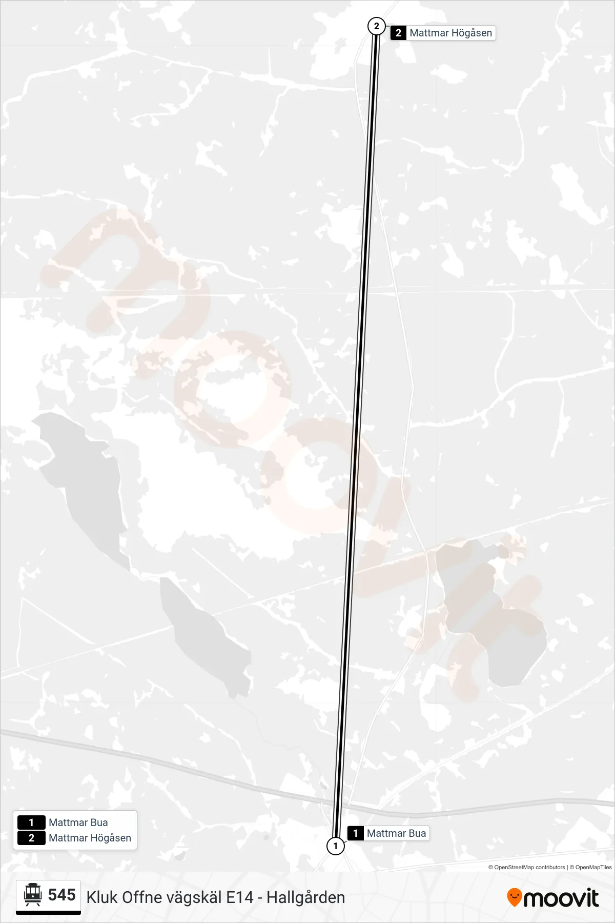 Rutt och hållplatser på karta för linje 545 spårvagn, (Mattmar Högåsen)