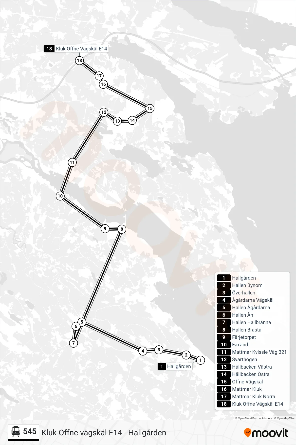 Rutt och hållplatser på karta för linje 545  spårvagn, (Kluk Offne Vägskäl E14)