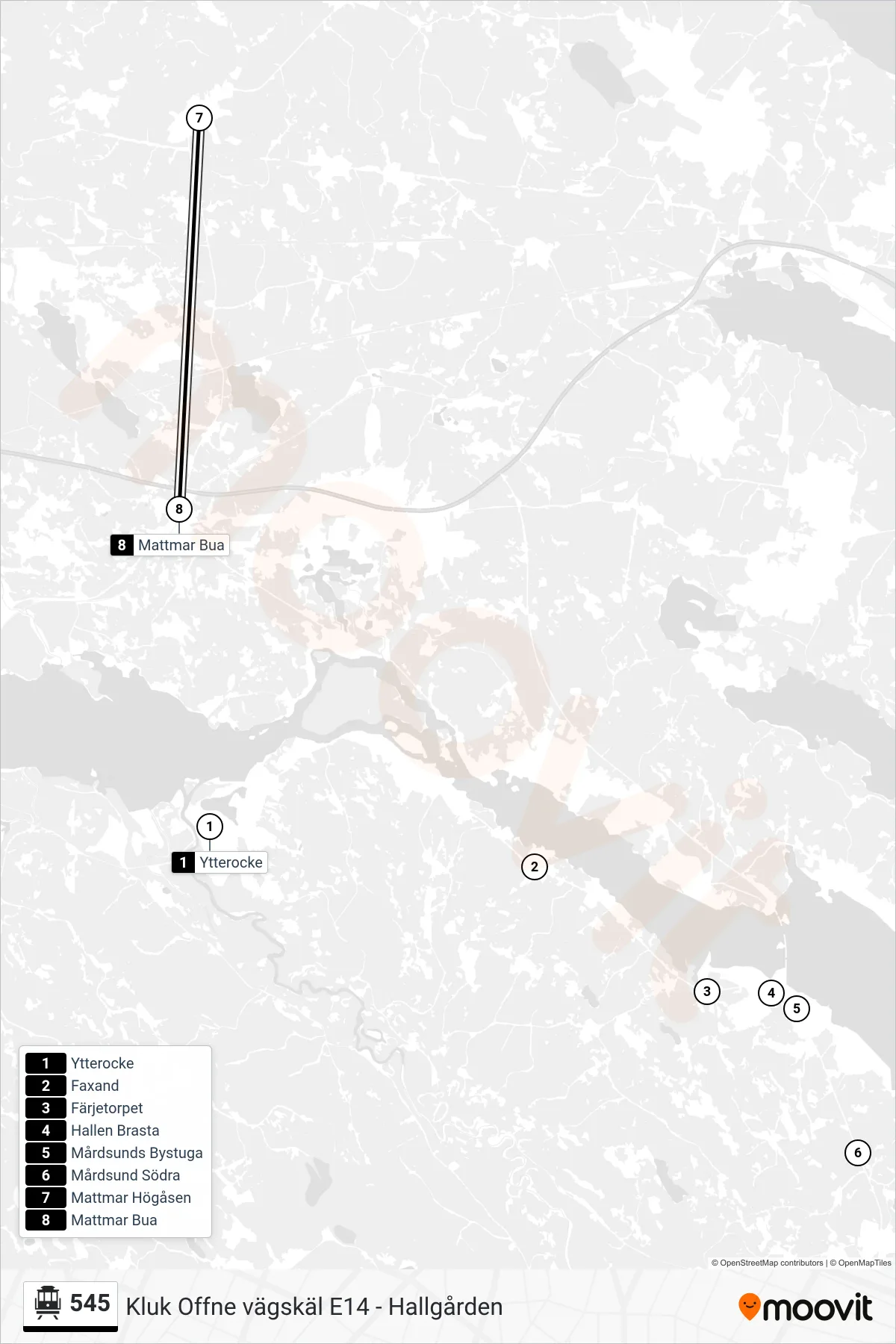 Rutt och hållplatser på karta för linje 545 spårvagn, (Mattmar Bua)