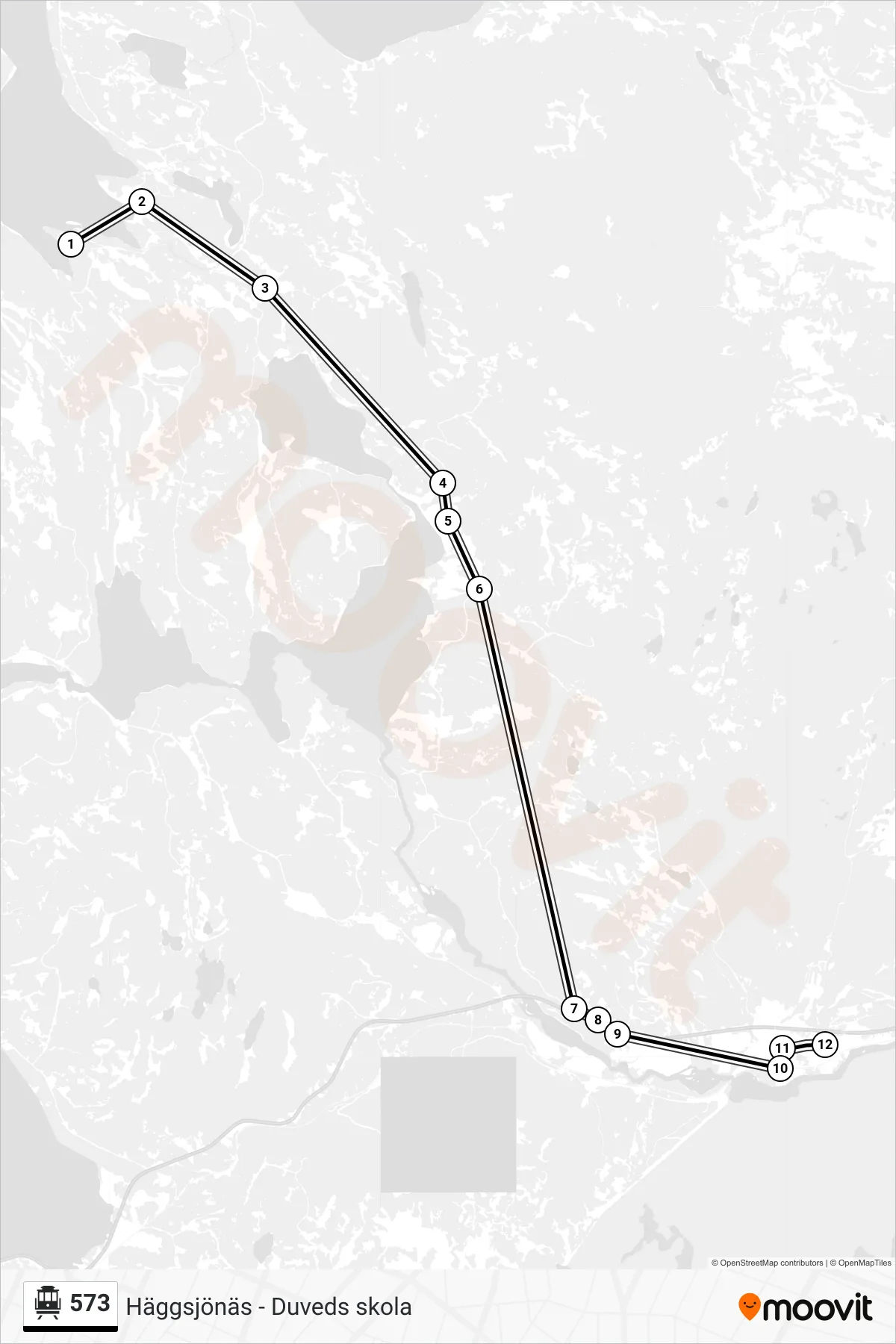 Rutt och hållplatser på karta för linje 573 spårvagn, (Duveds Skola)