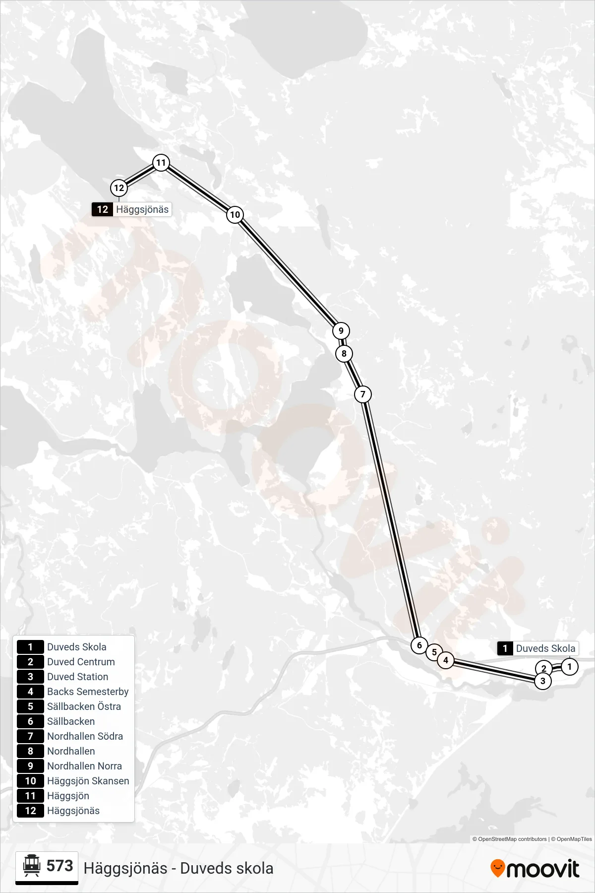 Rutt och hållplatser på karta för linje 573  spårvagn, (Häggsjönäs)