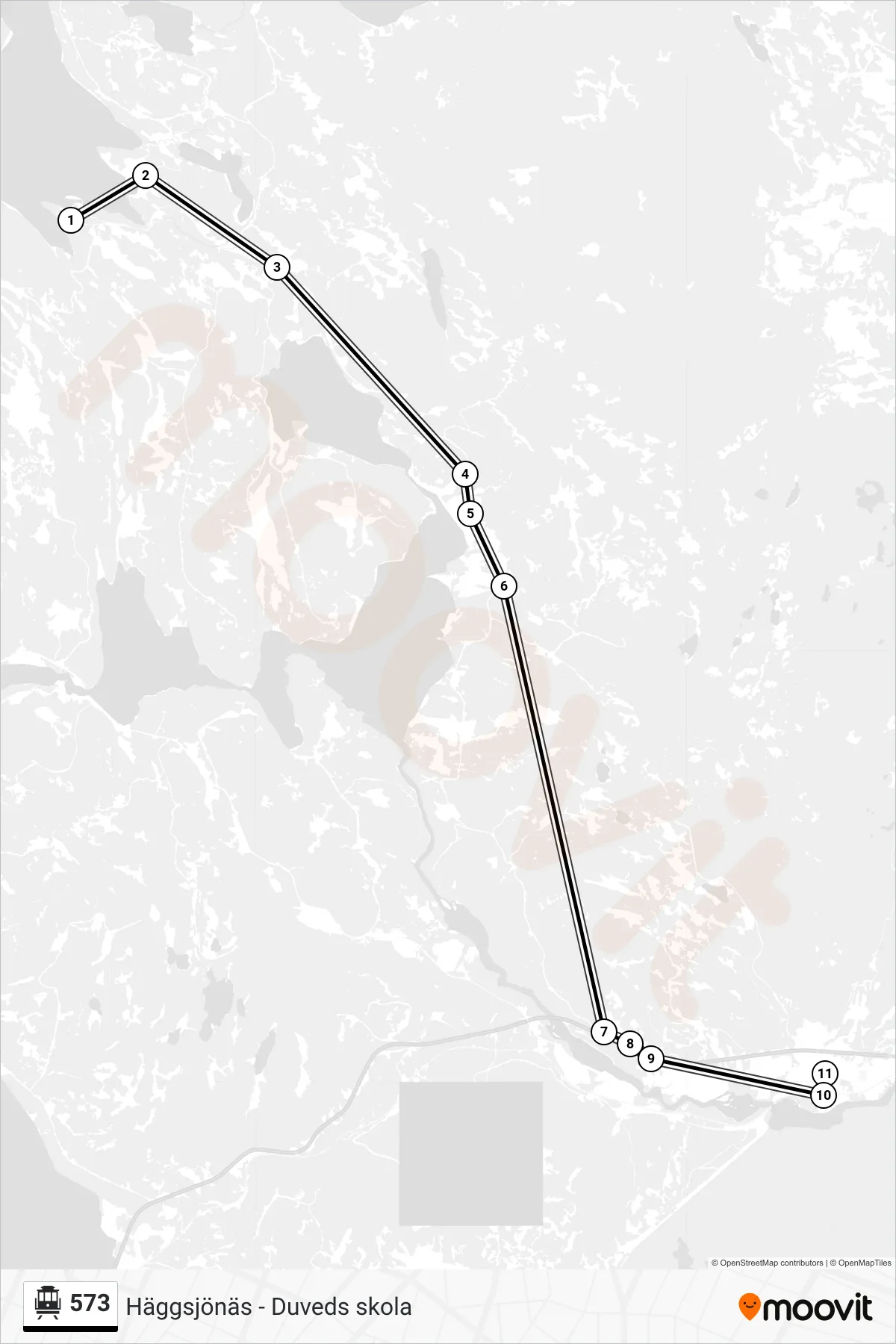 Rutt och hållplatser på karta för linje 573 spårvagn, (Duved Centrum)