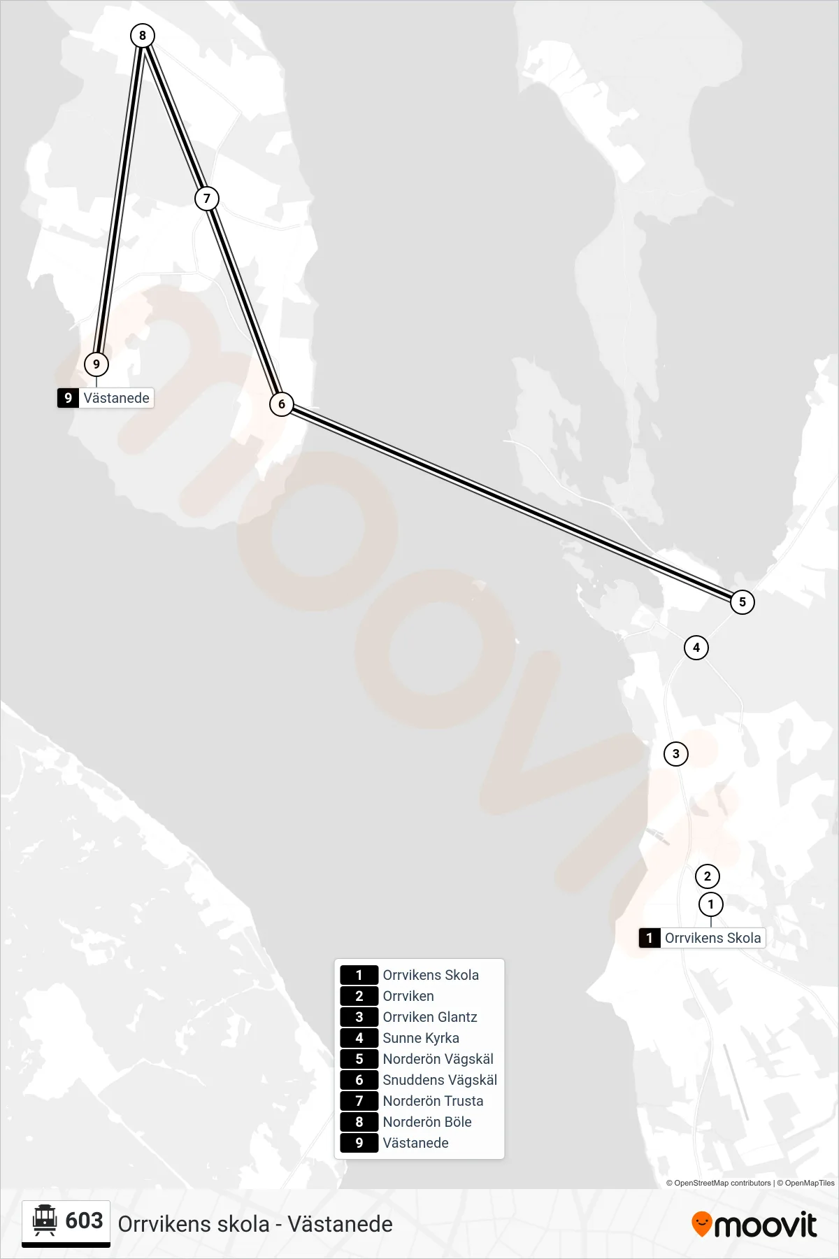 Rutt och hållplatser på karta för linje 603 spårvagn, (Västanede)