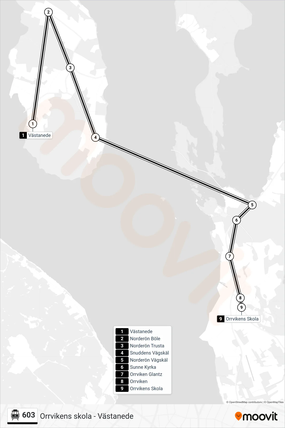 Rutt och hållplatser på karta för linje 603 spårvagn, (Orrvikens Skola)