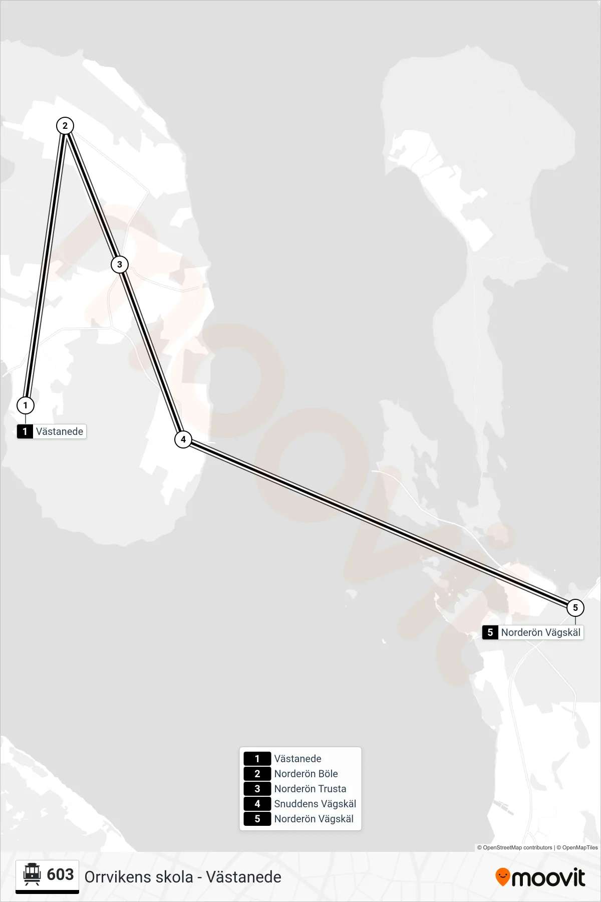 Rutt och hållplatser på karta för linje 603 spårvagn, (Norderön Vägskäl)