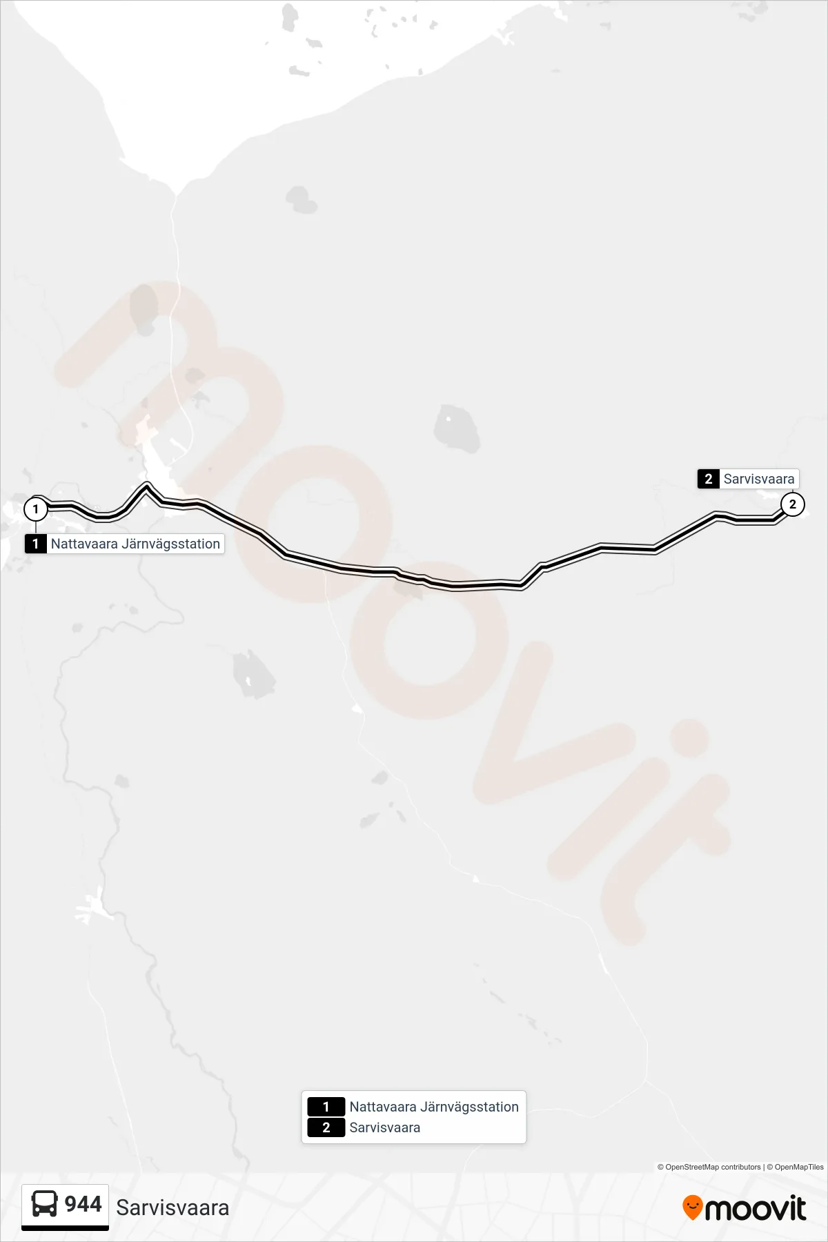 Rutt och hållplatser på karta för linje 944 spårvagn, (Sarvisvaara)