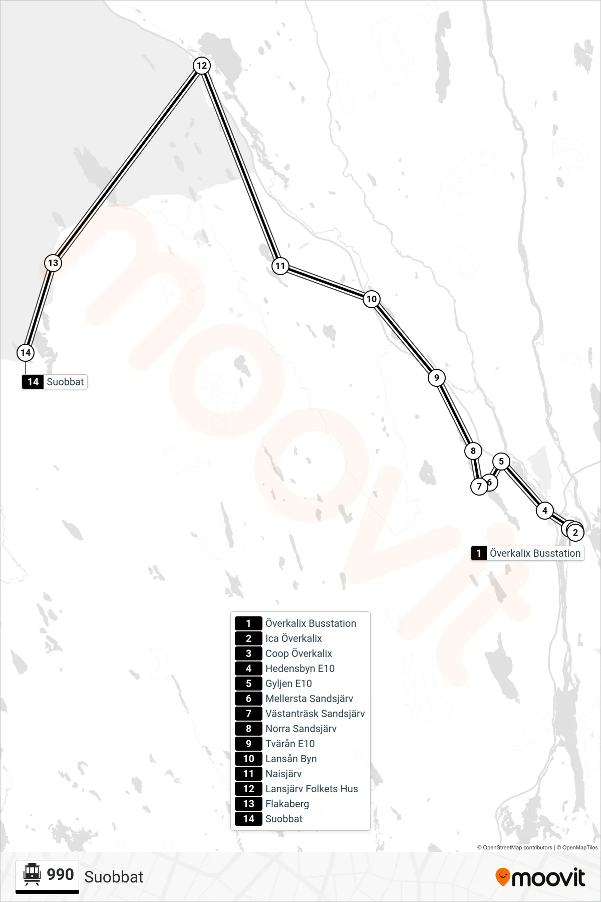 Rutt och hållplatser på karta för linje 990 spårvagn, (Suobbat)