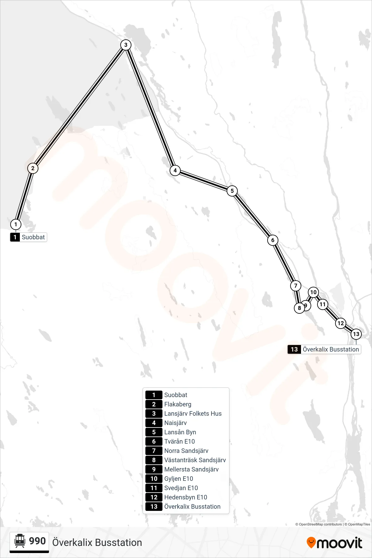 Rutt och hållplatser på karta för linje 990 spårvagn, (Överkalix Busstation)
