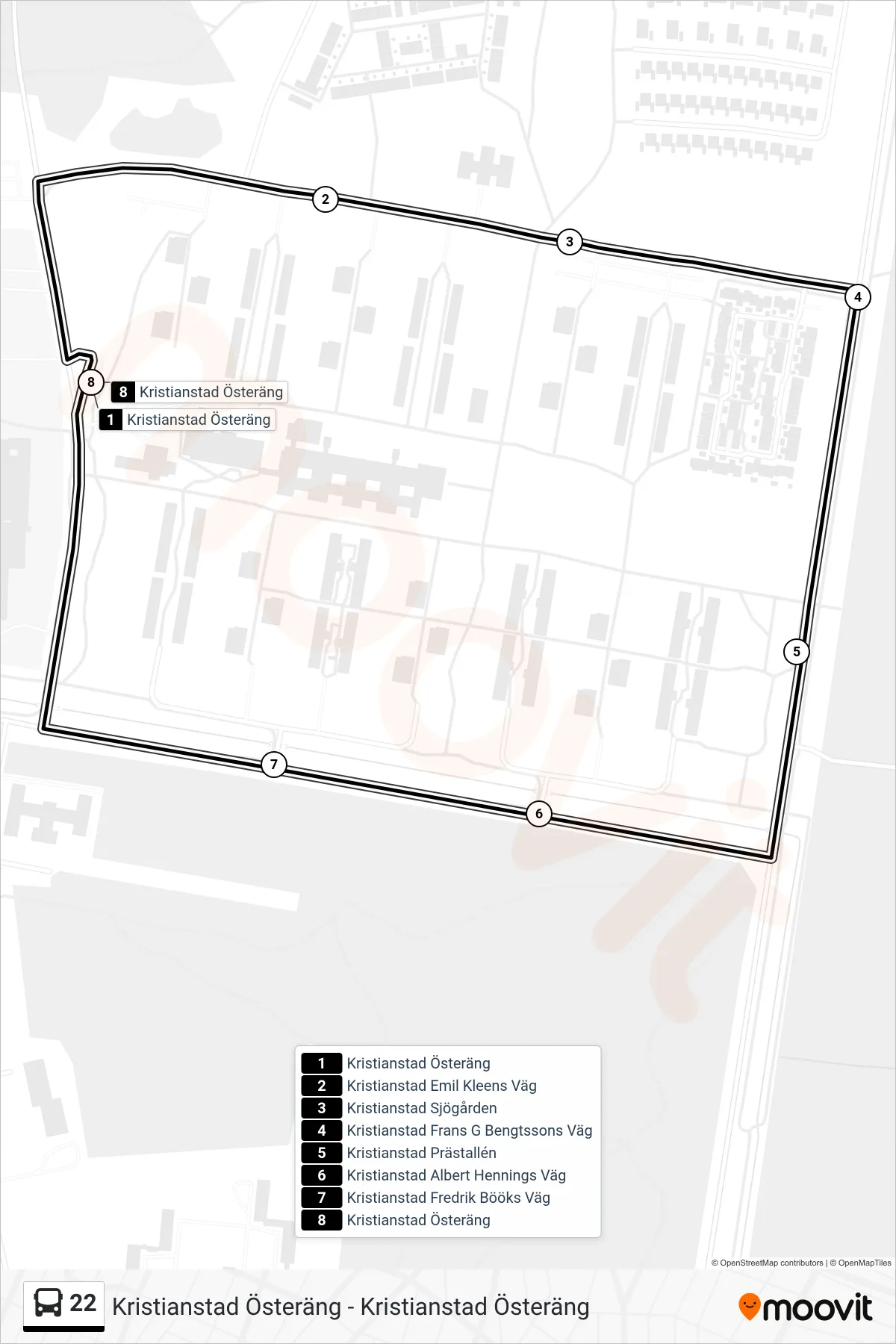 Rutt och hållplatser på karta för linje 22 spårvagn, (Kristianstad Österäng)