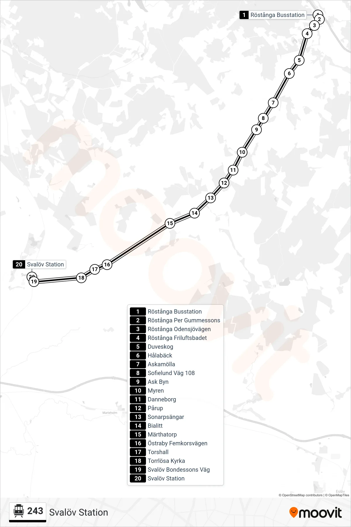 Rutt och hållplatser på karta för linje 243 spårvagn, (Svalöv Station)