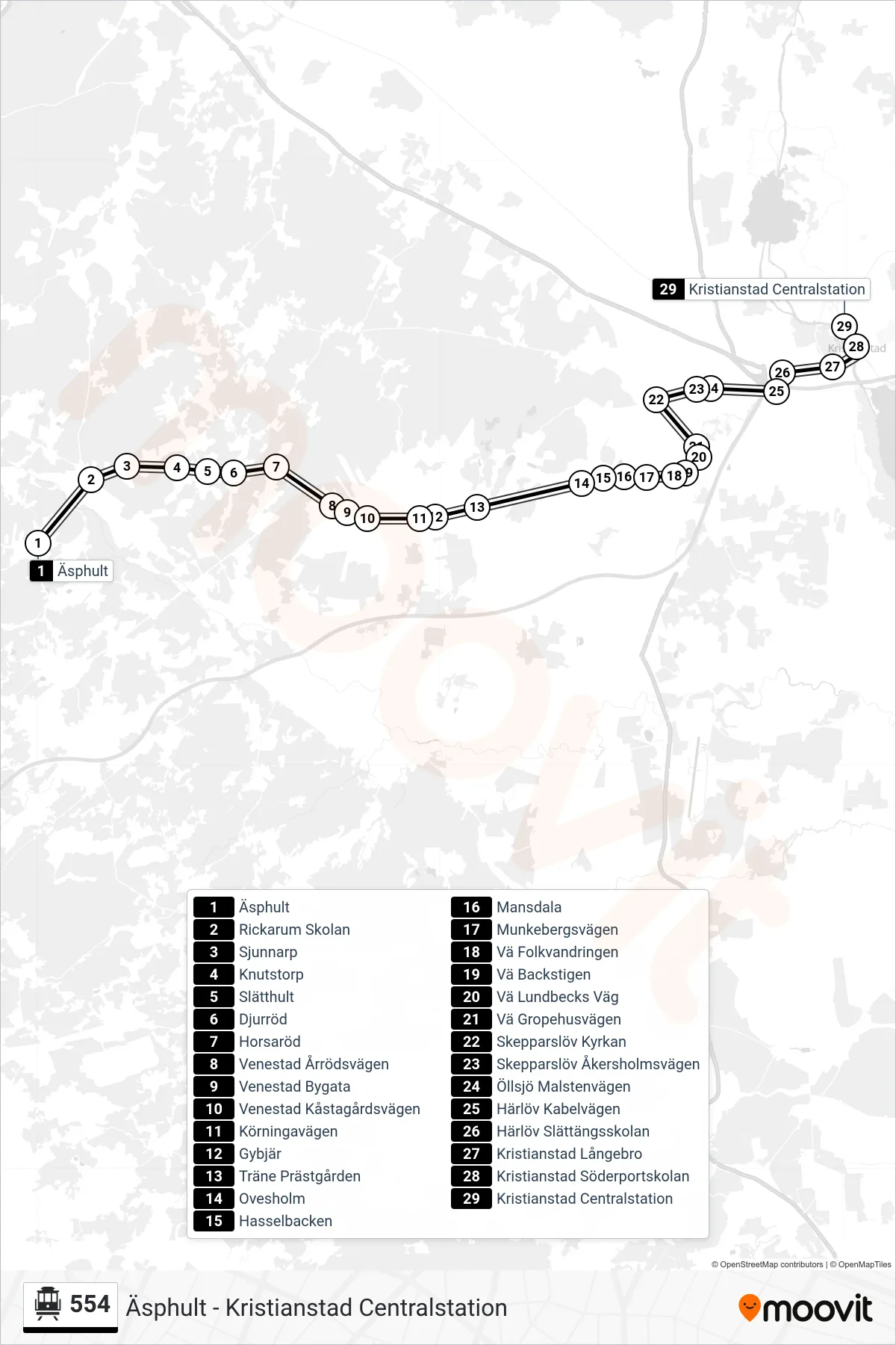 Rutt och hållplatser på karta för linje 554  spårvagn, (Kristianstad Centralstation)