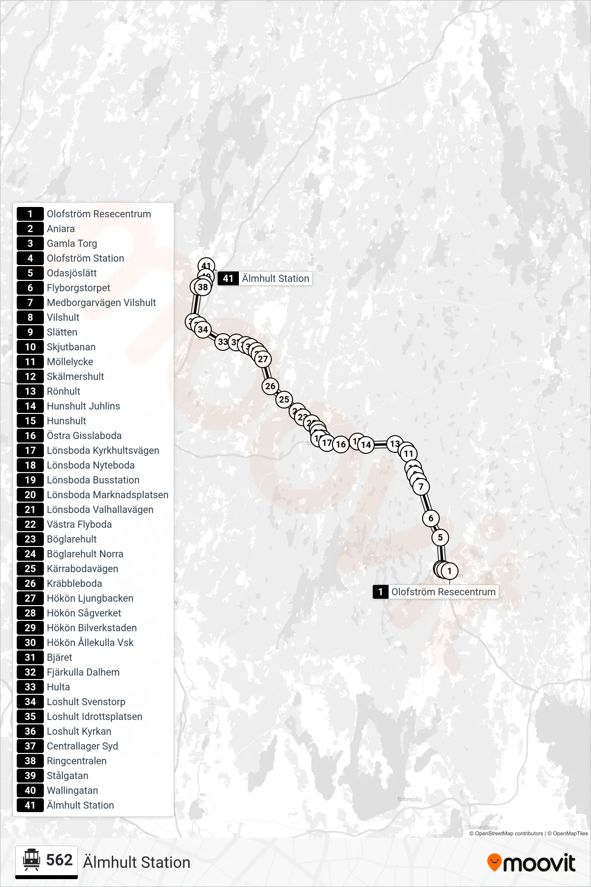 Rutt och hållplatser på karta för linje 562  spårvagn, (Älmhult Station)