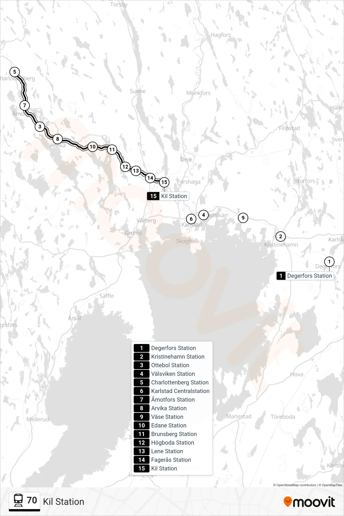 Rutt och hållplatser på karta för linje 70 spårvagn, (Kil Station)