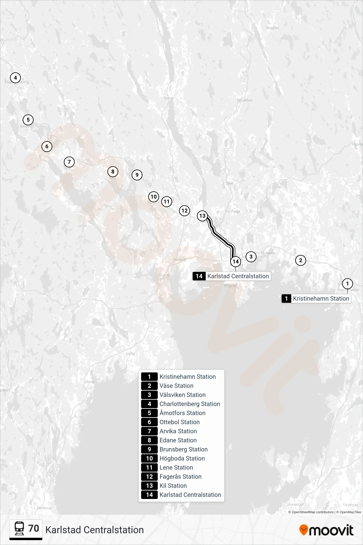 Rutt och hållplatser på karta för linje 70 spårvagn, (Karlstad Centralstation)